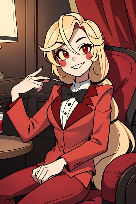 (masterpiece, best quality:1.2), solo, 1girl, charlie morningstar, smile, looking at viewer, sitting in an armrest chair, long hair, red suit, red pants, hotel
