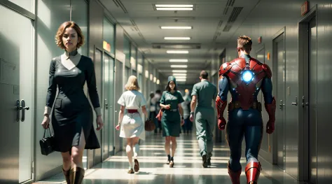 Avengers are walking among curious doctors and nurses in a hospital corridor, Realistic conceptual photo of Avengers Marvels,
ultra-realistic, skin texture, cinema lighting, award-winning photography, perfect artwork, perfect face, flawless, detailed,