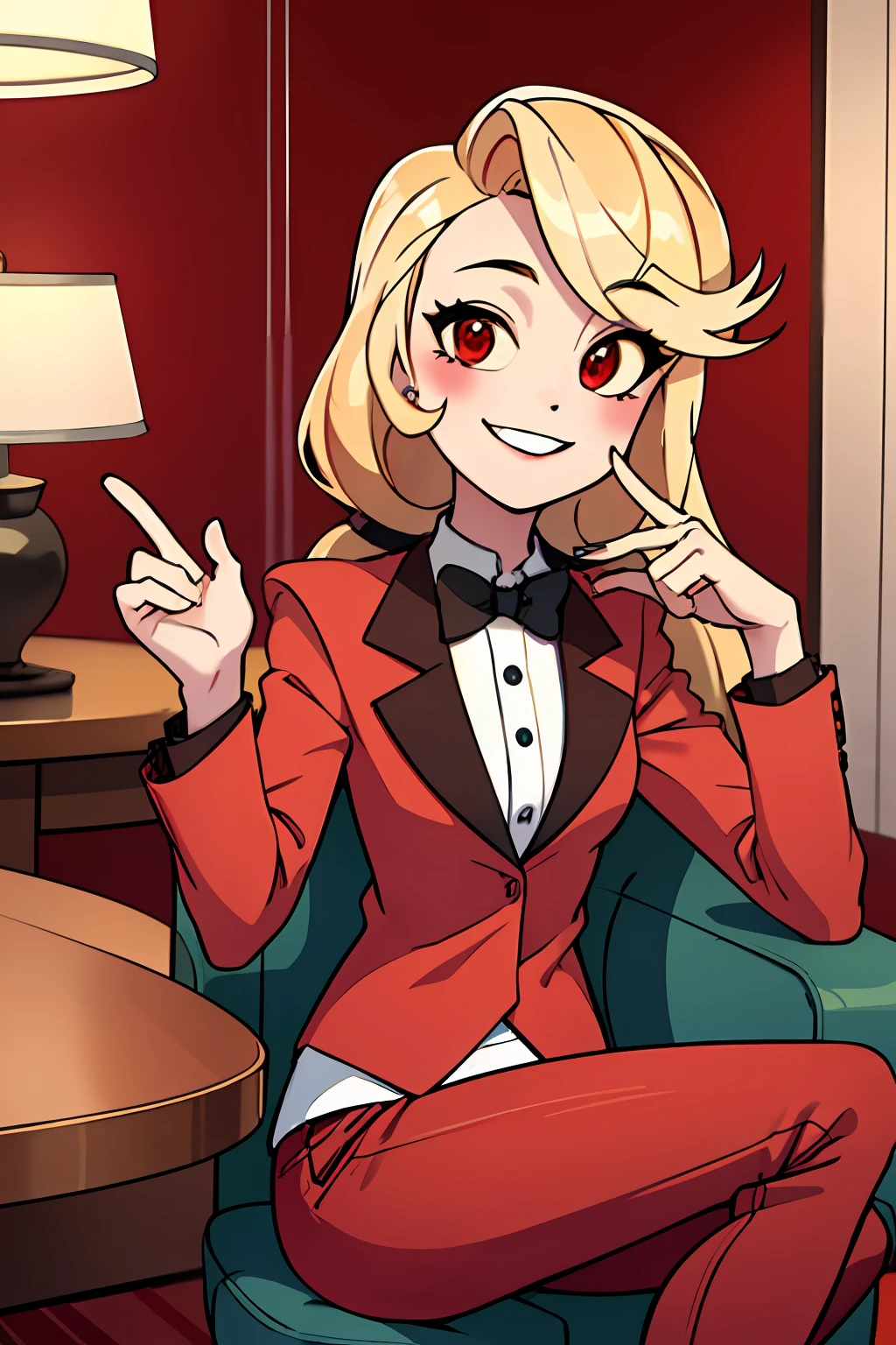 (masterpiece, best quality:1.2), solo, 1girl, charlie morningstar, smile, looking at viewer, sitting in an armrest chair, long hair, red suit, red pants, hotel