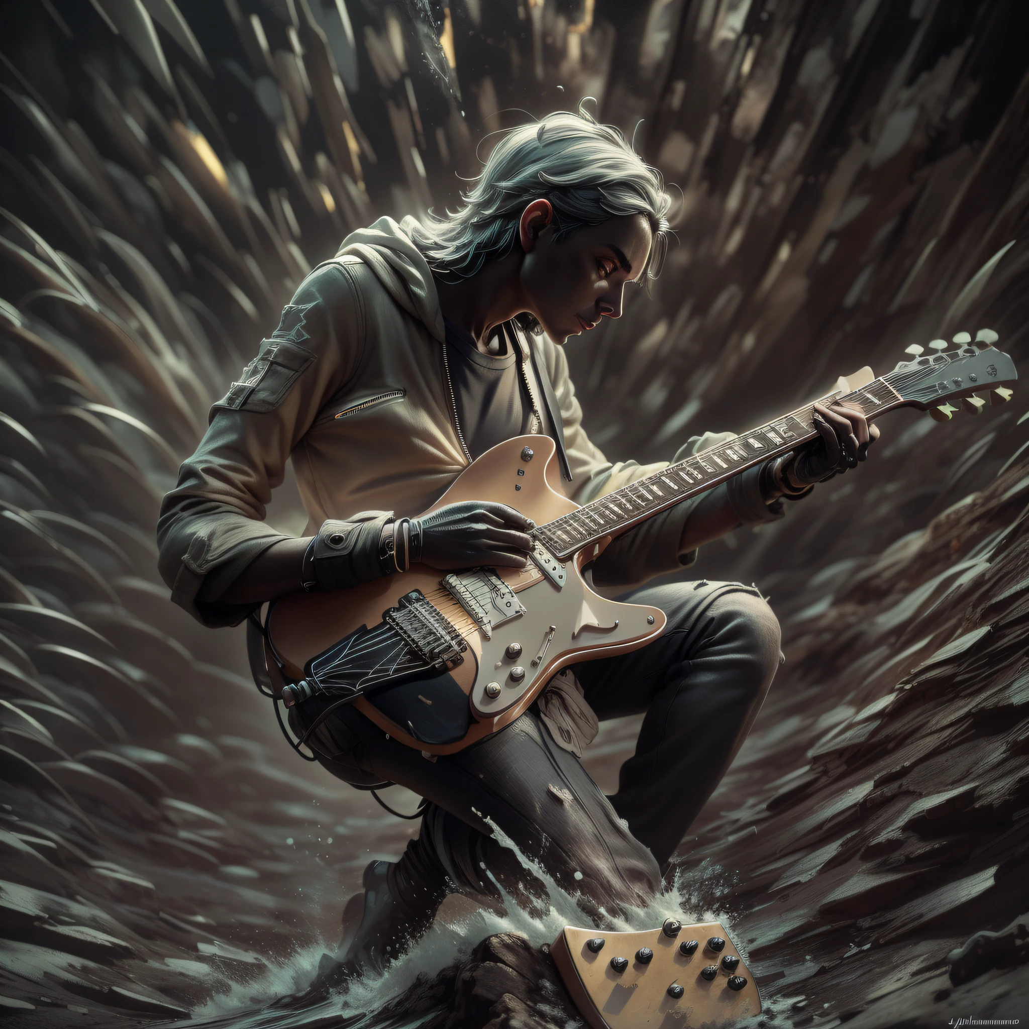 a highly detailed 3D light sculpture from the art style Joan Fontcuberta depicting a centered swallowing black hole guitar. Motor Unreal 5, cinemactic, Low-angle photography, motion blur, Depth of field, dust, Pebbles and mud. Arte Splash, dripping paint. Perfect color classification. Influenced by karel Appel and jeremy mann, A dramatic and menacing scene, 超detailded, Beautiful, insane details, details Intricate, Editorial Photography, shot on 50mm lens, Depth of field, Tilt Blur, shutter-speed 1/1000, F/22. light mapping, Ultrabrilhante |