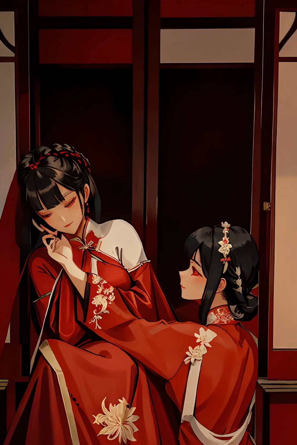 Two adult women，Antique dress，White cheongsam short plum embroidery，Long red off-the-shoulder dress，black color hair，Coiled hairstyle，Hands touch your face，Ancient boudoir，luz de velas