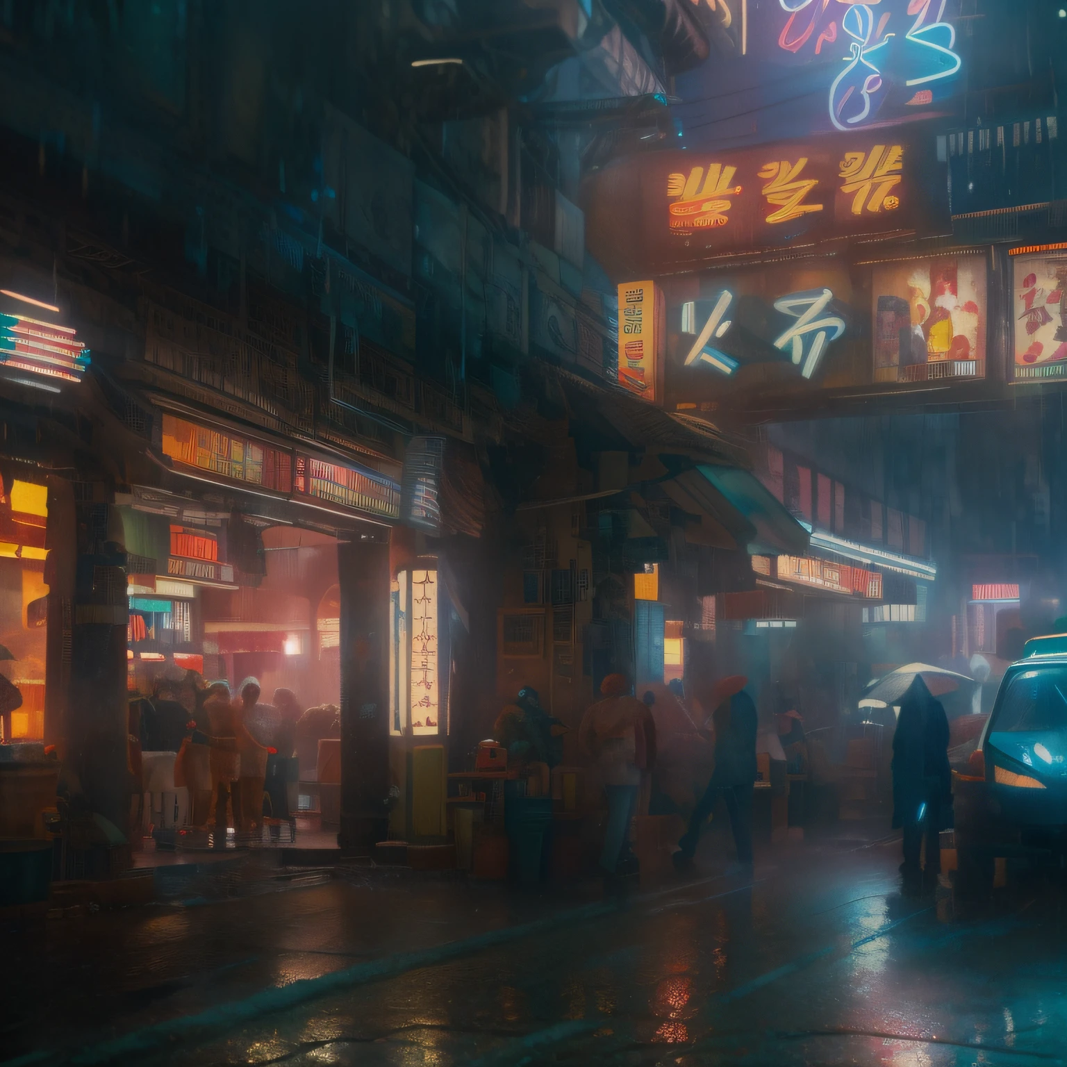 (masterpiece, ultra-high resolution:1.4) ,asian restaurant, night, ad neon, rain (Extremely Detailed Oil Painting:1.2), glow effects, godrays, Hand drawn, render, 8k, octane render, cinema 4d, blender, dark, atmospheric 4k ultra detailed, cinematic sensual, Sharp focus, humorous illustration, big depth of field, Masterpiece, colors, 3d octane render, 4k, concept art, trending on artstation, hyperrealistic, Vivid colors, extremely detailed CG unity 8k wallpaper, trending on ArtStation, trending on CGSociety, Intricate, High Detail, dramatic, (blade runner android with open face:1.3), (humanoid android:1.2)