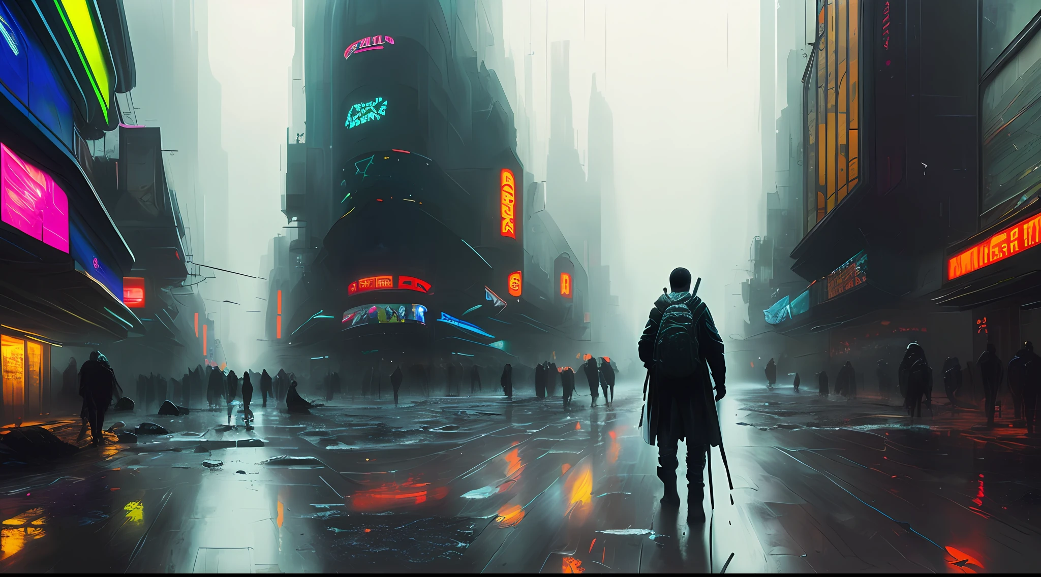 (masterpiece) high detailed RAW, a post apocalyptic man with a backpack is walking through a vivid rainbow themed cyberpunk city , hassanfantasy style , by Jeremy Mann and Donato Giancola ultra realistic highly detailed intricate photorealistic