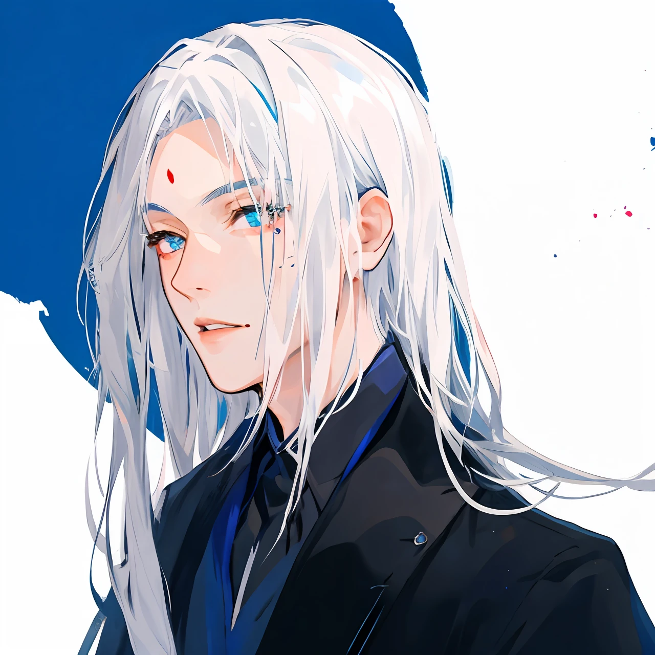 흰 머리를 가진 남자의 애니메이션 이미지, 길고 흰 머리카락, 청흑색 가운을 입고，이마에 붉은 점이 있습니다，닫힌 입술，파란색-검정색 배경