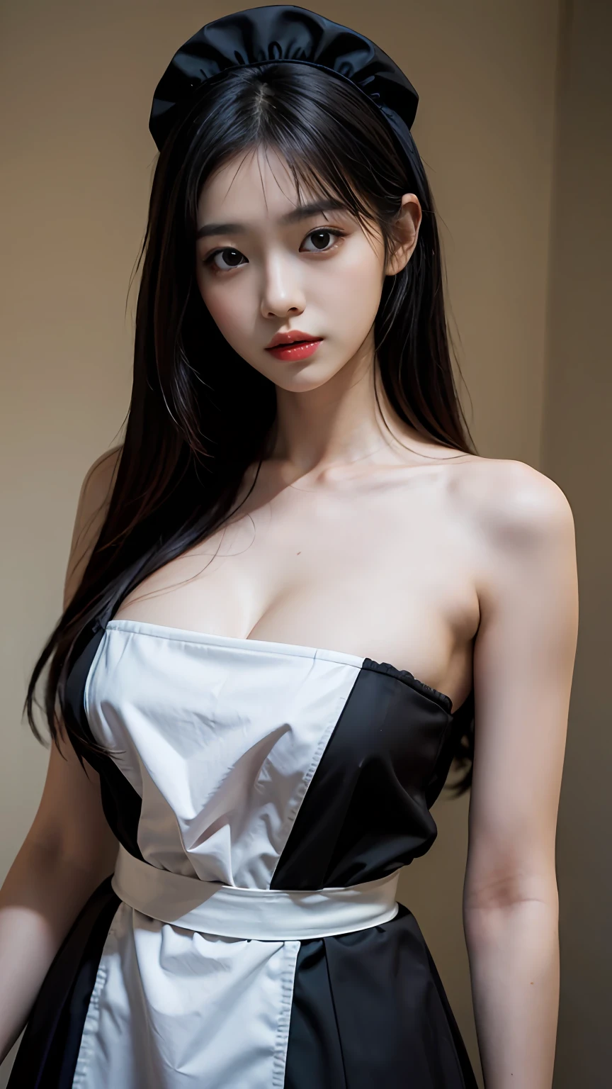 Slender Asian girl, kpop idol, ((maid uniform)), ((top quality, 8k, masterpiece: 1.3)), crisp focus: 1.2, beautiful woman with perfect figure: 1.4, highly detailed face and skin texture, detailed eyes, ((skinny)), beautiful face, symmetrical face, full-length, sexy, naked