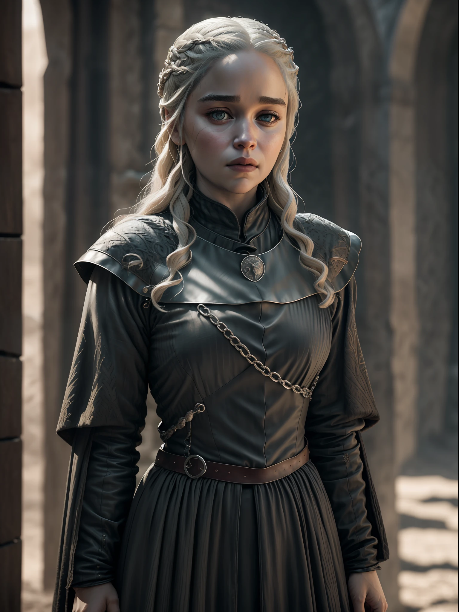 (Game of Thrones"), inspiriert von Emilia Clarke, hyperrealistisches Selbstporträt, 8k UHD, DSLR, Körnung des Films, fotorealistisches Gemälde Fujifilm XT3 Kunst mitten auf der Reise, ((Ganzkörper)),