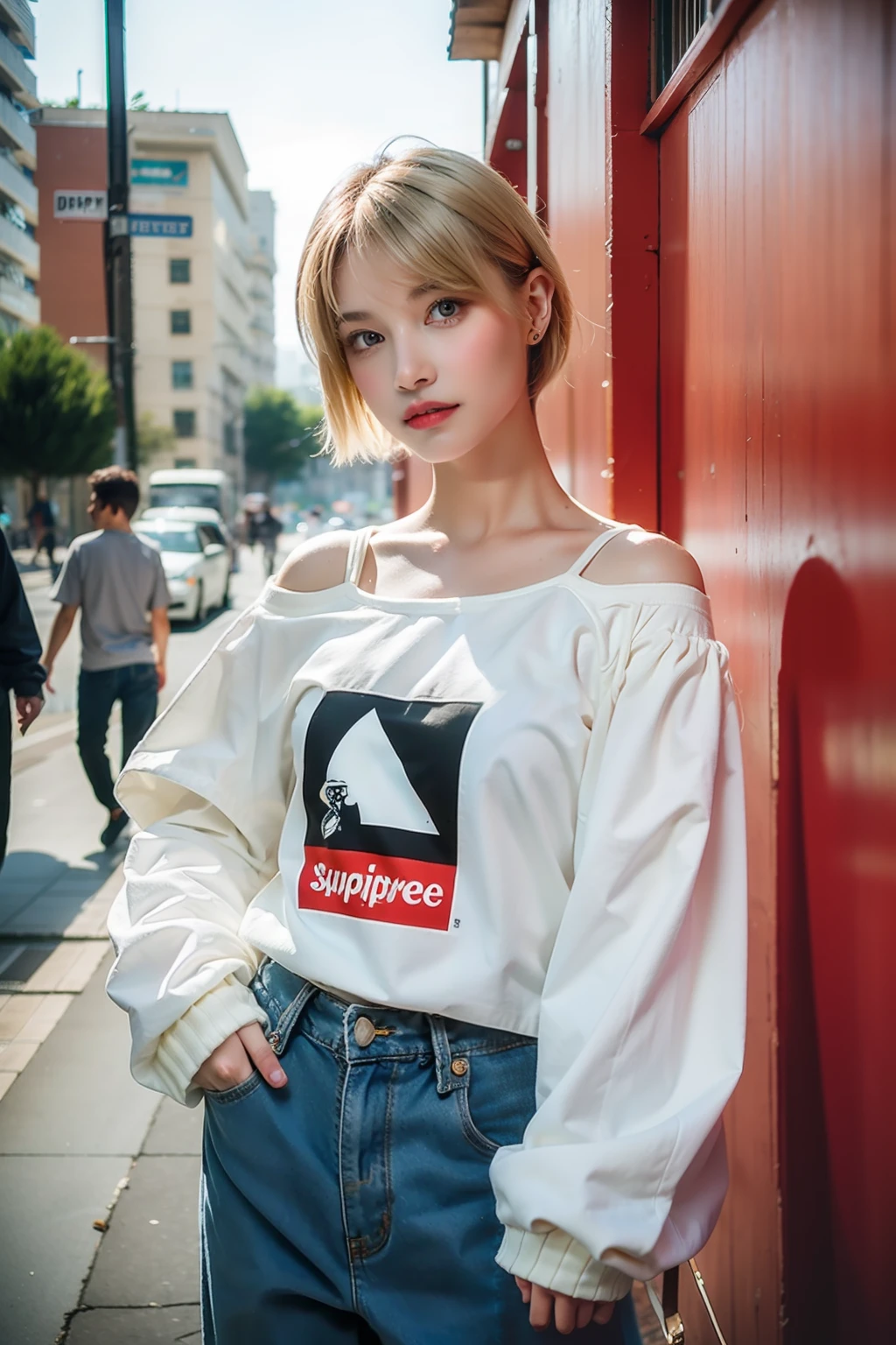 1 girl，cut_clothes，abstract 1998 european blond hiphop girl by sachin teng x supreme，Abs，Off-the-shoulder long-sleeved shirt，attractive, stylish, designer, red,  geometric shapes, graffiti, street art, full body, cowboy shot,