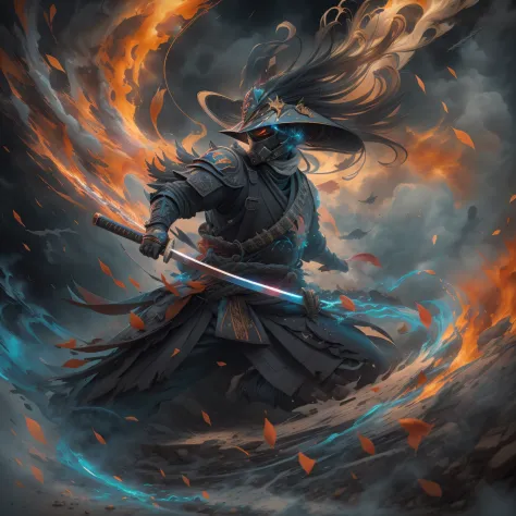 A samurai disguised as a deity in action and unleashing an attack on enemies with his mystical katana in a dark battle, armadura GALAXY de corpo inteiro, Plumes of black jet smoke, Charcoal, explosion of vibrant colors, sengoku period, incrivelmente detalh...