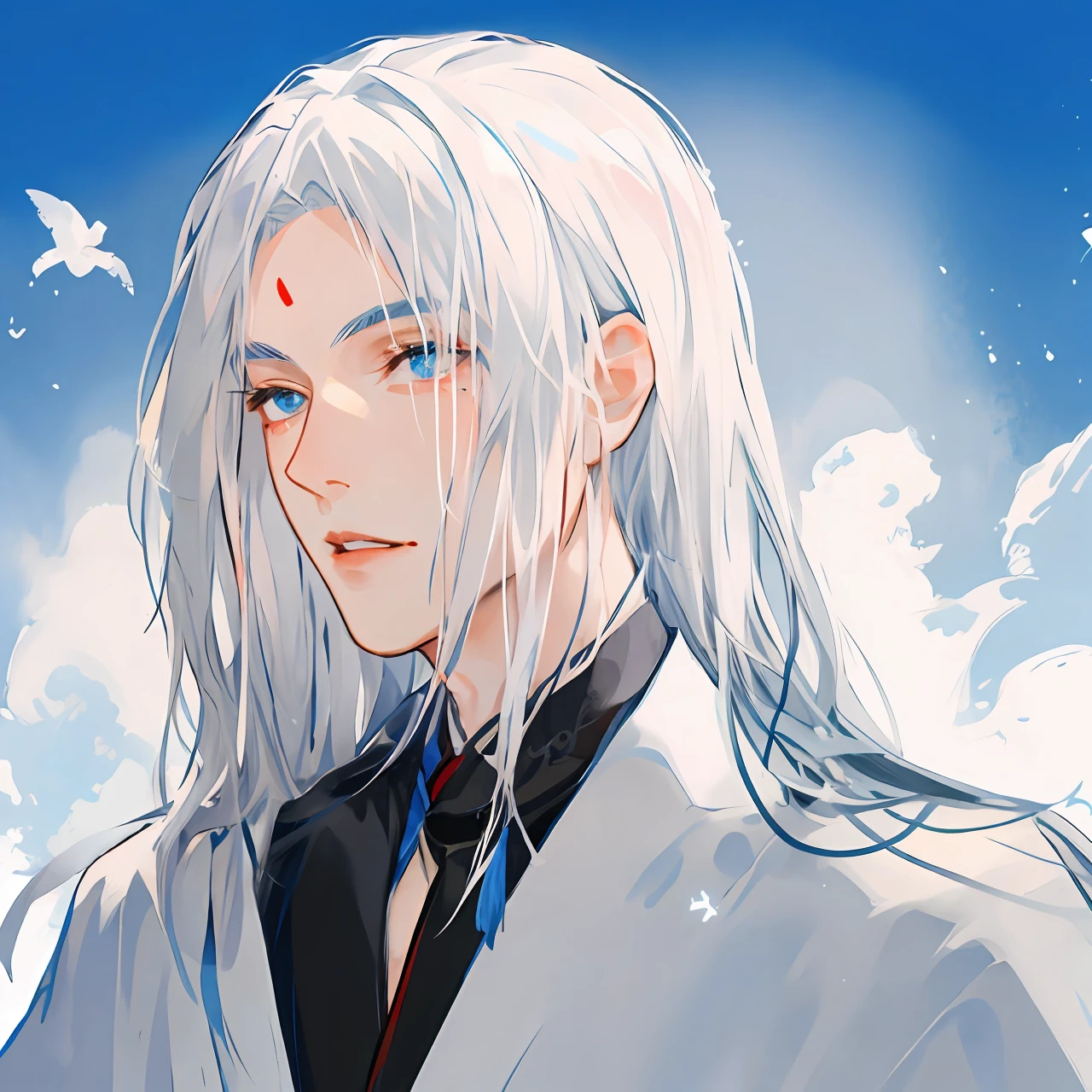 An anime image of a white-haired male Taoist, He wore a Taoist robe，with long white hair, Wearing a blue-black robe，There is a red mole on the forehead，Lips closed，Blue-black background