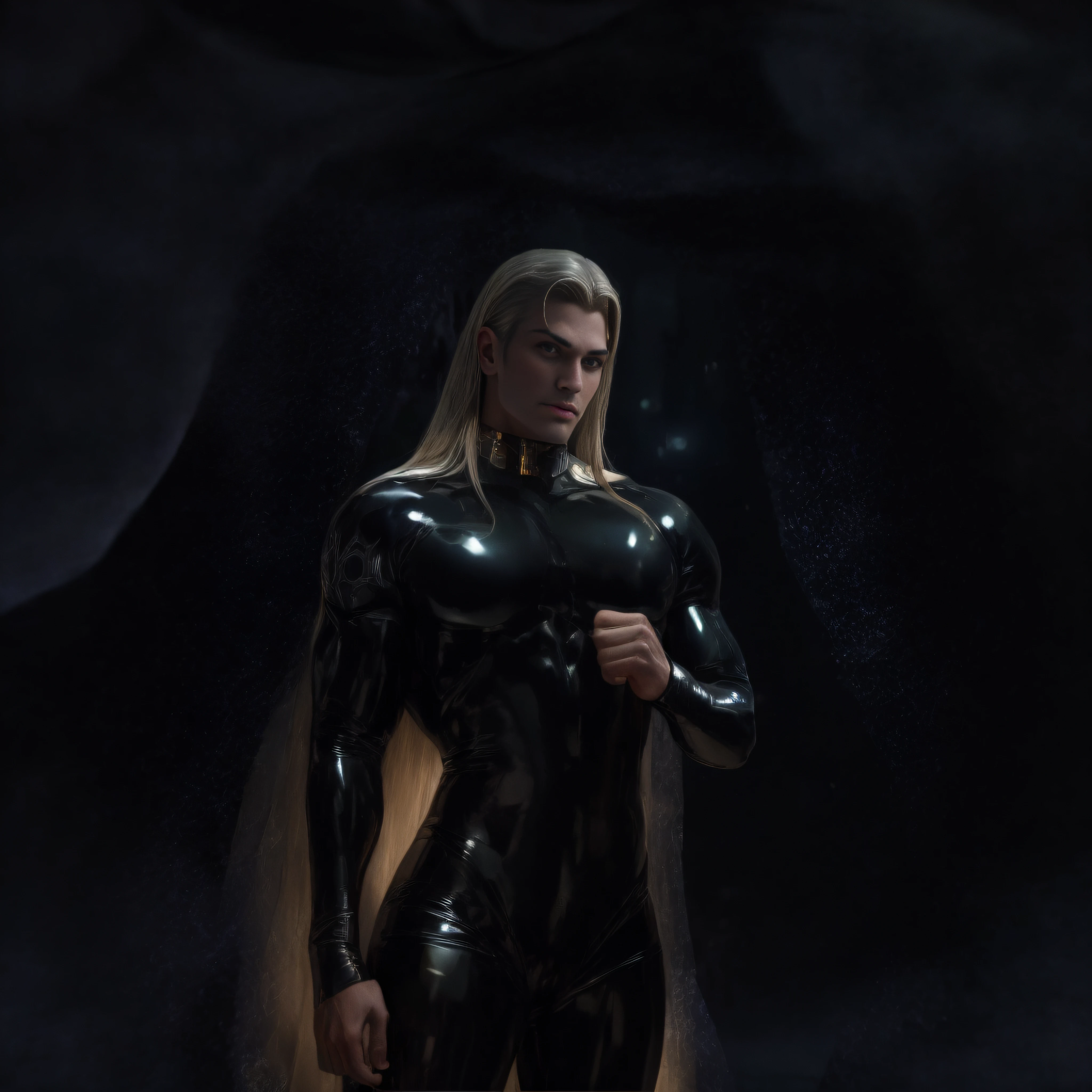 Closeup em um majestoso homem loiro, jovem, Dress in a black latex suit, luminous symbols, with extremely elegant appearance, cheia de orgulho, olhar vitorioso, ricamente detalhado, Hiper realista, 3D-rendering, obra-prima, NVIDIA, RTX, ray-traced, Bokeh, Night sky with a huge and beautiful full moon, estrelas brilhando, campos do Reino de Hyrule, numa manjedoura bege com bronze, Flags on the camera, Bokeh, 8k,