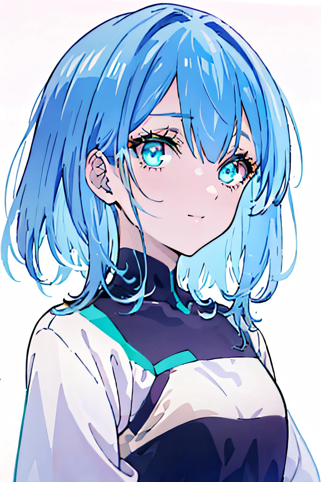 (White background, hight resolution, very precise details,nmasterpiece， top Quority，top-quality)the beautiful and delicate girl, Beautiful detailed girl, intricate detailes, extremely beautiful detailed anime face and eyes, , A smile、up close shot, extra detailed body, flat chest, , young,20 years old, Short hair, flipped hair, aqua hair, Two-tone hair, beautiful detailed hair, Beautiful face, extremely detailed cute anime face, Detailed beautiful eyes, pale blue eyes, White skin,pixels，pixel art, swordsmen, Simple black coat,cyberpunked,