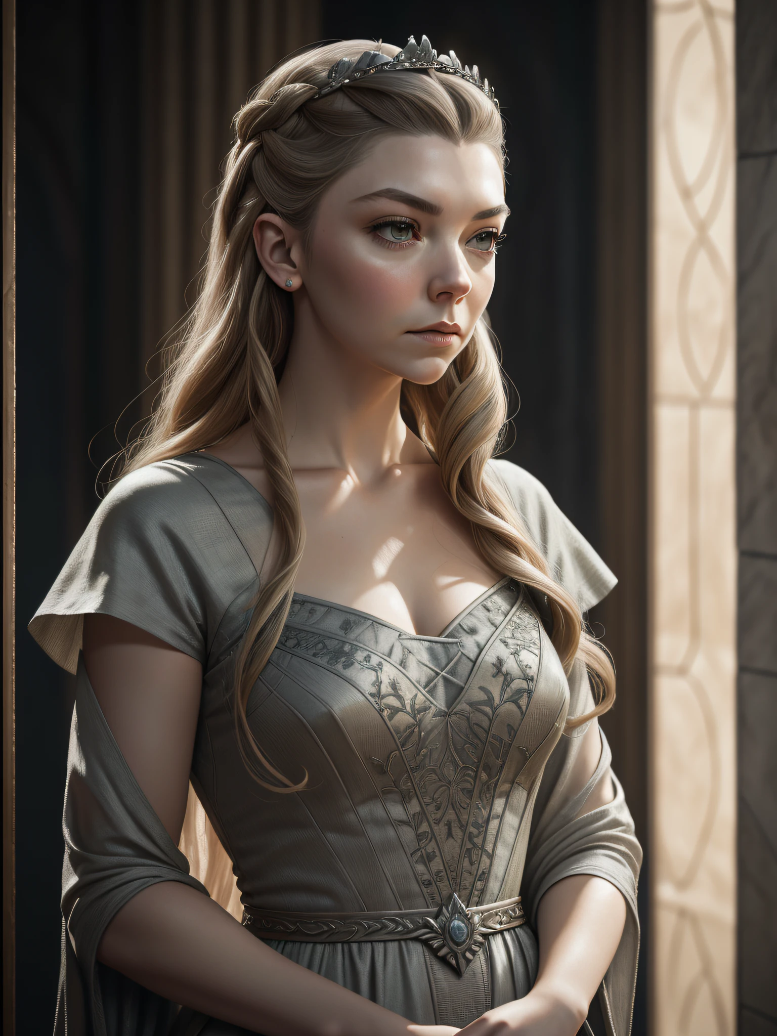 (Margaery Tyrell da série "A Guerra dos Tronos"), inspirada em Natalie Dormer, auto retrato hiper-realista, 8K Ultra HD, DSLR, grão de filme, pintura fotorrealista Fujifilm XT3 art midjourney, ((corpo inteiro)),