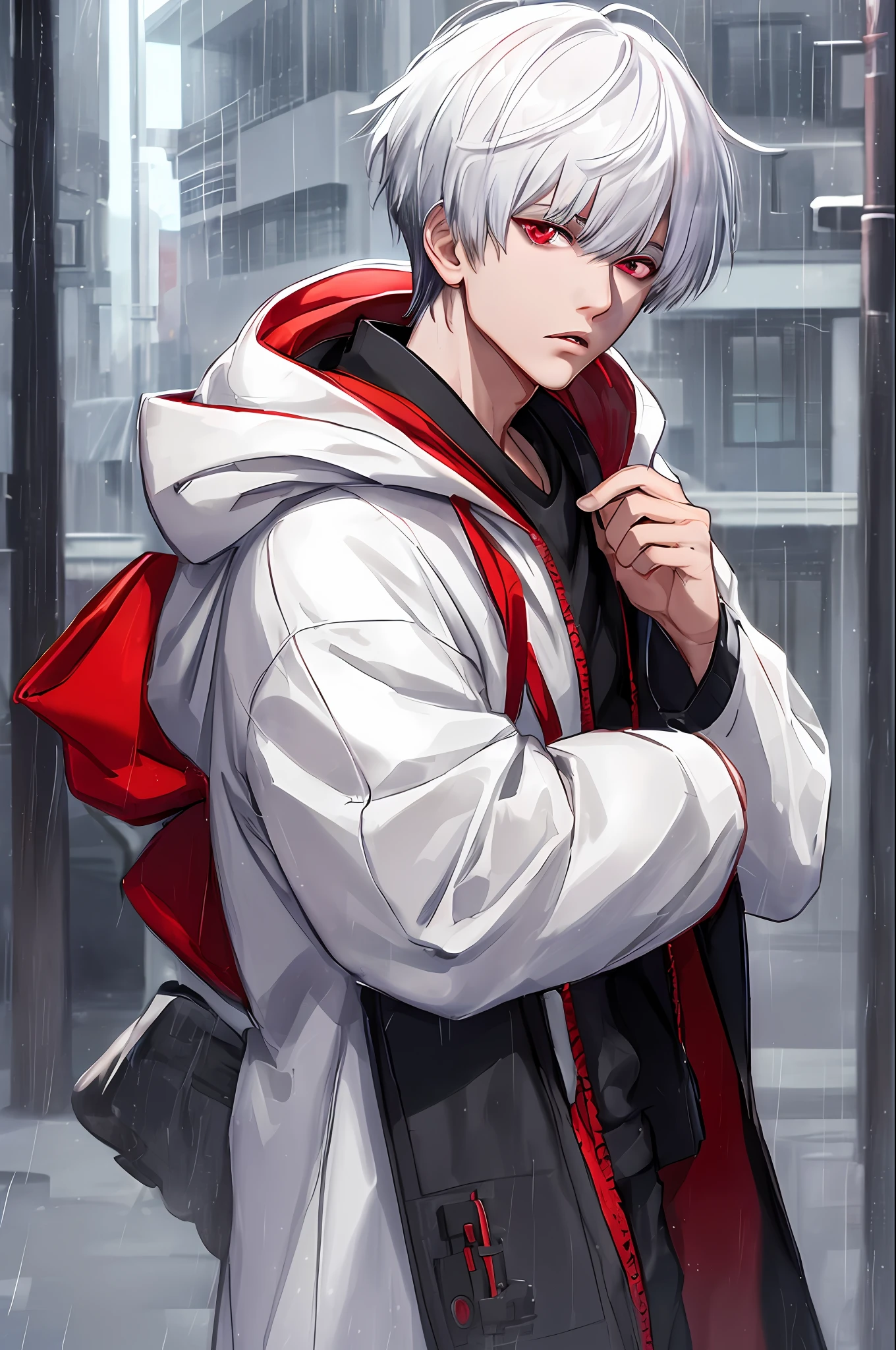 Anime guy with white hair and red eyes standing in the rain - SeaArt AI