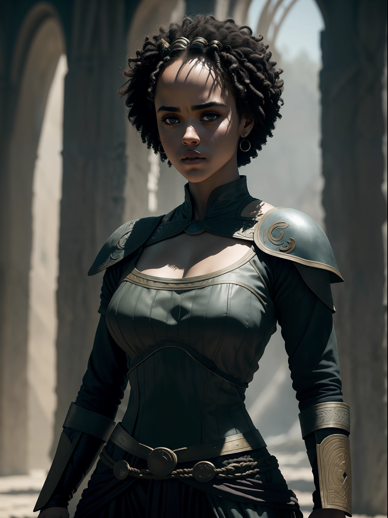 (Missandei da série "A Guerra dos Tronos"), inspirada em Nathalie Emmanuel, auto retrato hiper-realista, 8k hd, DSLR, grão de filme, pintura fotorrealista Fujifilm XT3 art midjourney, ((corpo inteiro)),