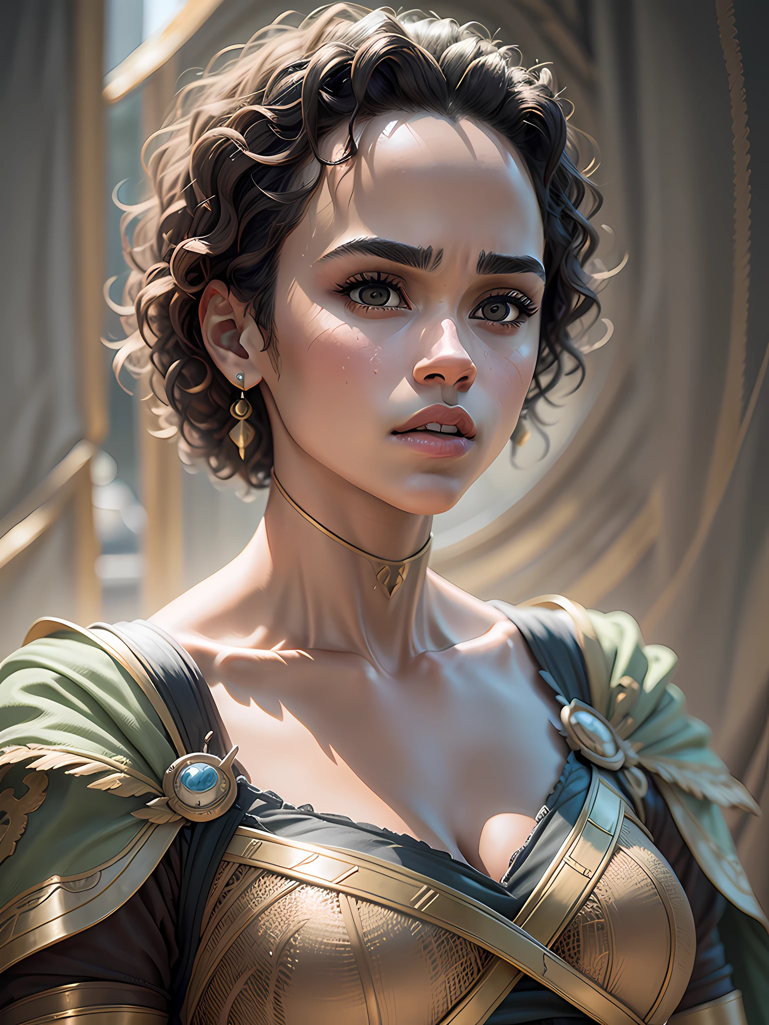 (Missandei of the series "A Guerra dos Tronos"), inspirada em Nathalie Emmanuel, auto retrato hiper-realista, 8k UHD, DSLR, grain of film, pintura fotorrealista Fujifilm XT3 arte midjourney, ((corpo inteiro)),