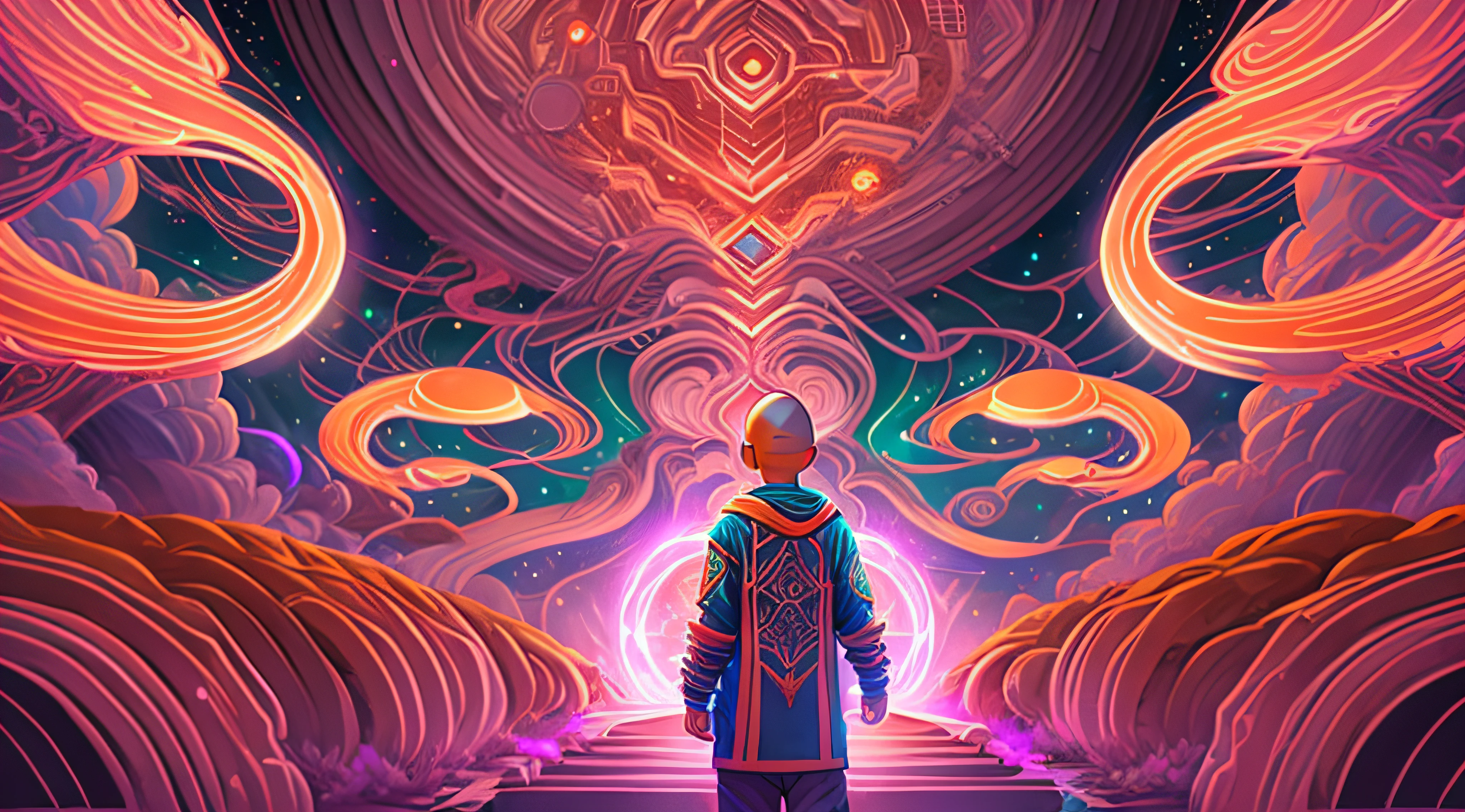 Realistic scene of a boy walking on a Mysterious path in a cave looking at a Portal , Craft an exquisite, high-resolution 4K masterpiece Draw a young caramel skin Male with bald Hair, standing on a Mysterious path floating in the middle of an alternate Dimension Leading to a Portal , turn his back on viewers , from behind , surrounded by Colorful energy Orbs glowing with fiery auras BREAK Dramatic lighting from distant SHooting stars Glistening like Diamonds illuminates the scene, casting deep shadows on the Clothing wearing streetwear Gucci Mink Designer Outfit, looking at the Portal and mysterious Contrasting colors on the other side with wonder and Awe with curiosity ,BREAK,Detailed,Realistic,4k highly detailed digital art,octane render, bioluminescent, BREAK 8K resolution concept art, realism,by Mappa studios,masterpiece,best quality,official art,illustration,ligne claire,(cool_color),perfect composition,absurdres, fantasy,focused,rule of thirds. The piece should be intricately detailed, inspired by the techniques of renowned artists such as Ryan Yee, Sachin Teng, JC Leyendecker, Jen Bartel, Beeple, and James Jean, with a particular emphasis on Sachin Teng's style. 

The artwork should reflect the aesthetic of Shin Hanga, a winner of the Behance contest, and should achieve perfect symmetry. The subject of the portrait is Bald Hair Caramel skin Male. The atmosphere should be ethereal, with smoke, white light, and strong light elements. 

Incorporate elements of surrealism into the piece, with ultra-detailed features and glowing eyes. The full-body shot should also include a close-up of the body, with Akuma holding weapons - a katana and a double dragon winding. 

The color palette should be dominated by a mesmerizing blue light, and a bracer should be part of the attire. The piece should be available in HD, Ultra HD, and 4K resolutions. Finally, to add a dramatic effect, include a thunderous backdrop to the scene, creating a surreal and captivating masterpiece.