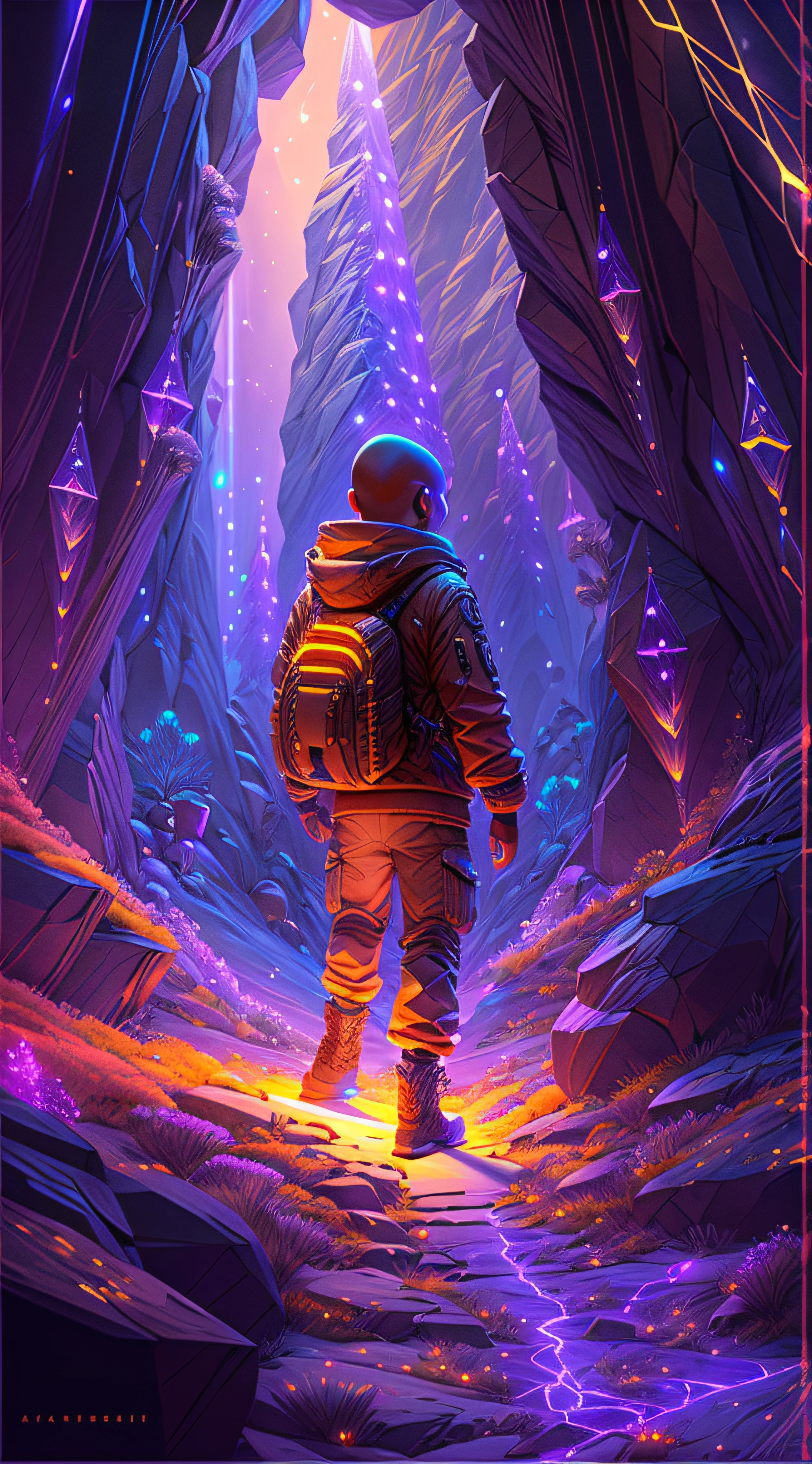 Realistic scene of a boy walking on a Mysterious path in a cave looking at a Portal , concept art inspired by Beeple, trending on Artstation, conceptual art, 3 d render beeple, beeple masterpiece, beeple rendering, beeple artwork, artgem and beeple masterpiece, in style of beeple, beeple art, beeple daily art, Designed by Nalisten for Realverse, Draw a young caramel skin Male with bald Hair, Walking inside a Huge mountain cave on a Mysterious path floating in the middle of Huge Cave mountain Opening  Leading to a Portal an alternate Dimension , turn his back on viewers , from behind , surrounded by Colorful shiny Crystals Glisstening and sparkling in the camera and  energy Orbs glowing with fiery auras BREAK Dramatic lighting from distant SHooting stars Glistening like Diamonds illuminates the scene, casting deep shadows on the Clothing wearing streetwear Gucci Mink Designer Outfit, looking at the Portal and mysterious Contrasting colors on the other side with wonder and Awe with curiosity ,BREAK,Detailed,Realistic,4k highly detailed digital art,octane render, bioluminescent, BREAK 8K resolution concept art, realism,by Mappa studios,masterpiece,best quality,official art,illustration,ligne claire,(cool_color),perfect composition,absurdres, fantasy,focused,rule of thirds