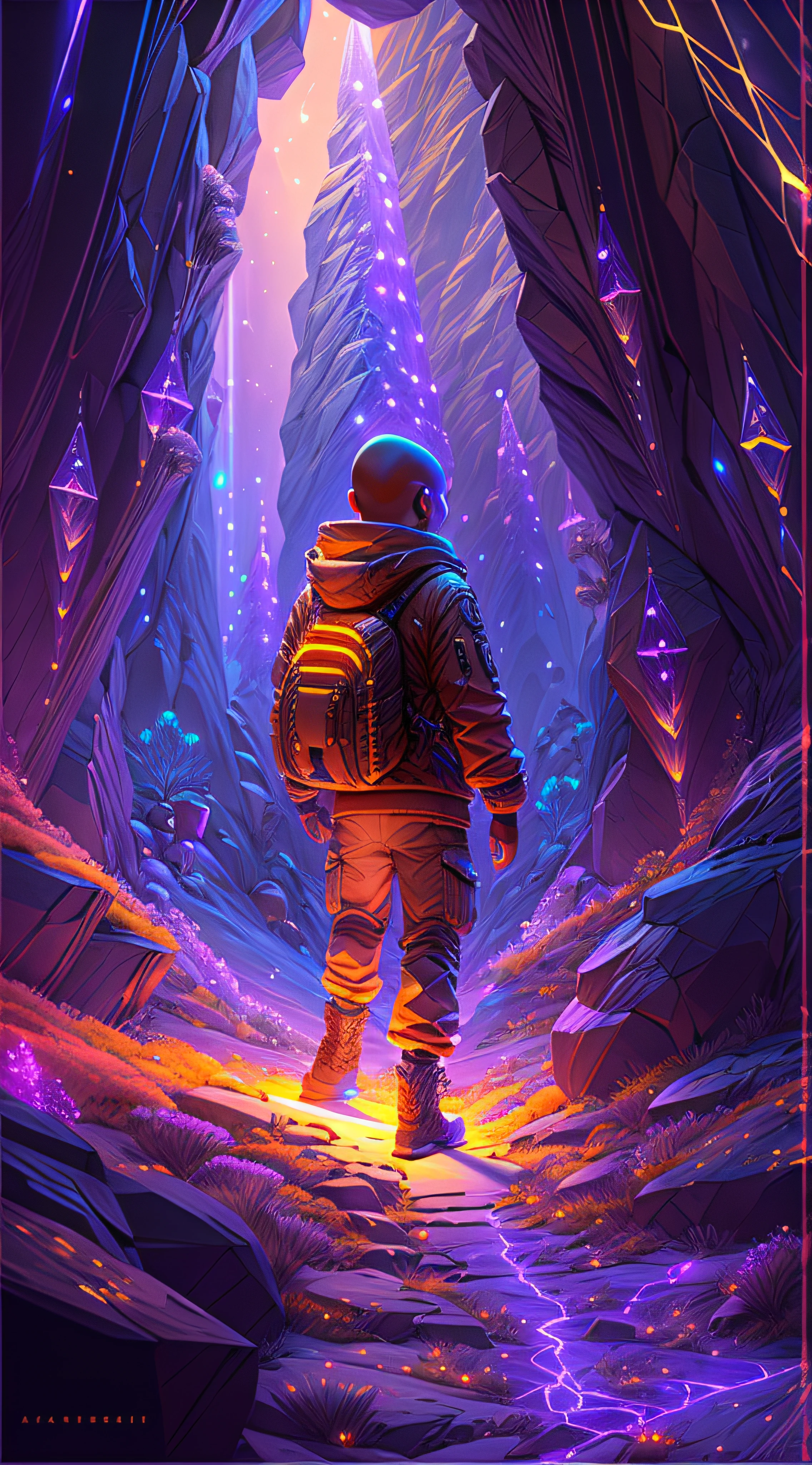 實際的 scene of a boy walking on a Mysterious path in a cave looking at a Portal , 受 Beeple 啟發的概念藝術, ArtStation 上的熱門話題, 觀念藝術, 3d 渲染 beeple, beeple 傑作, Beeple 渲染, 比普藝術work, artgem and beeple 傑作, 蜜蜂風格, 比普藝術, 比普爾每日藝術, 由 Nalisten 为 Realverse 设计, 畫一個年輕的焦糖皮膚禿頭男性, 走在一個巨大的洞穴裡，走在一條漂浮在巨大洞山中間的神秘小路上，通往另一個次元的門戶 , 背对观众 , 從後面 , surrounded by Colorful shiny Crystals Glisstening and sparkling in the camera and  energy Orbs glowing with fiery auras 休息 Dramatic lighting from distant SHooting stars Glistening like Diamonds illuminates the scene, 在穿着街头服饰的古驰水貂设计师服装上投射出深深的阴影, looking at the Portal and mysterious Contrasting 顏色s on the other side with wonder and Awe with curiosity ,休息,詳細的,實際的,4k 高度詳細的數位藝術,辛烷渲染, 生物發光, 休息 8K resolution concept art, 現實主義,由Mappa工作室設計,傑作,最好的品質,官方藝術,插圖,清晰的線條,(涼爽的_顏色),完美的構圖,荒謬的, 幻想,專注的,三分法