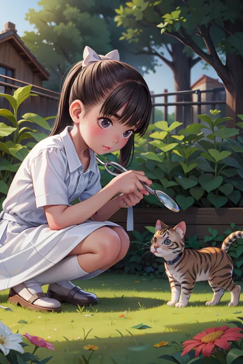 a little girl whit a magnifying glass followed by her kitten plays detectiveì in the garden