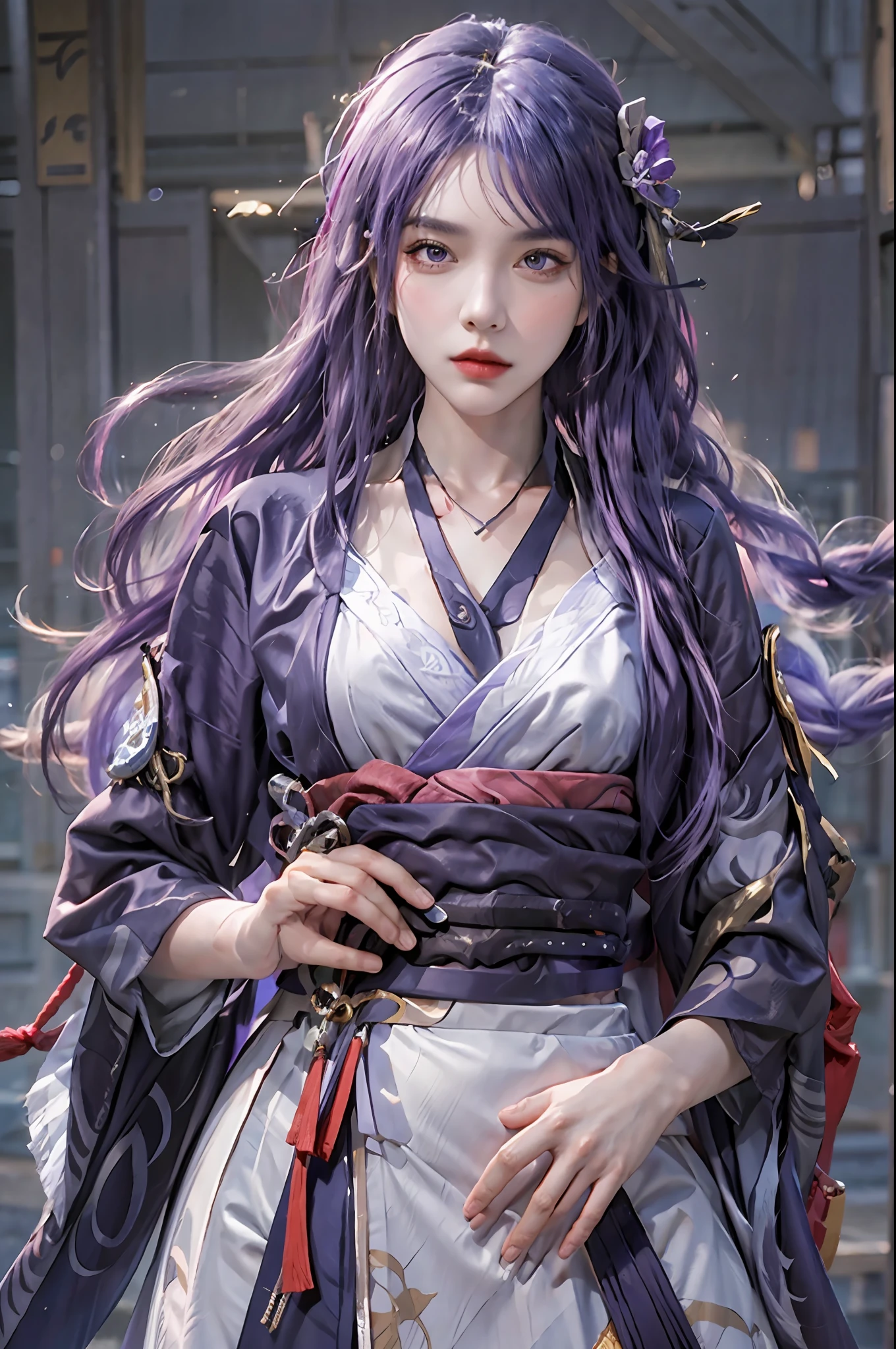 photorealistic, high resolution, 1women, solo, hips up, look at viewer, (detailed face), narrow waist, closed lips, purple hair, long hair,Raiden Shogun \(genshin impact\), jewelry