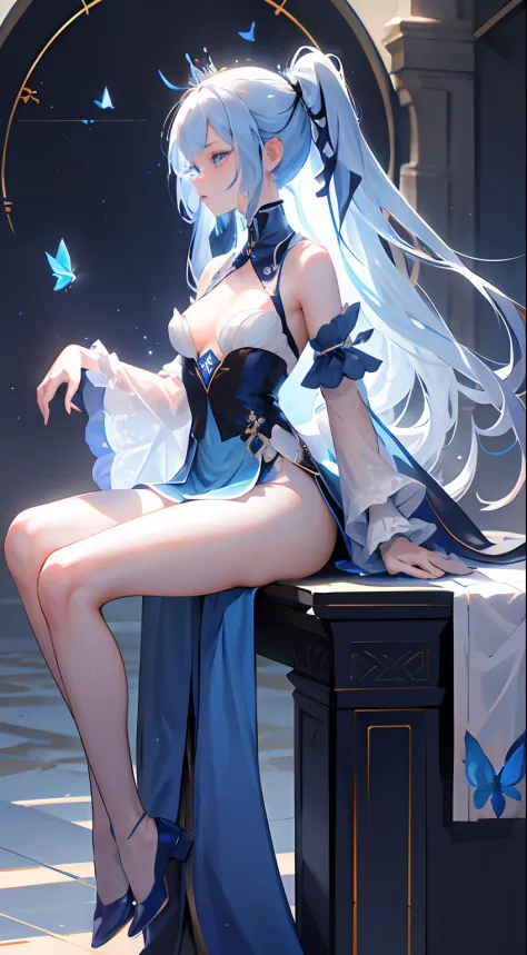 8K分辨率，Refined features，s the perfect face，Glowing skin，high detal，blue skirts，long  white hair，blue color eyes，Flying blue butterflies，Raised sexy，plumw，Upright_straddle，sunraise，Eau，the sideview