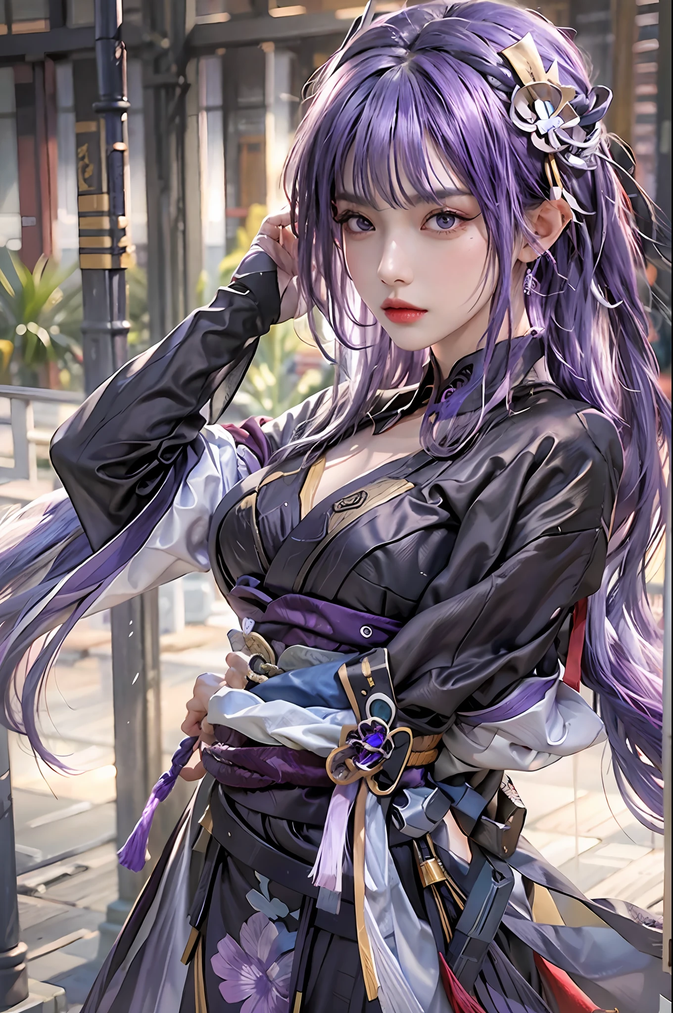 photorealistic, high resolution, 1women, solo, hips up, look at viewer, (detailed face), narrow waist, closed lips, purple hair, long hair,Raiden Shogun \(genshin impact\), jewelry