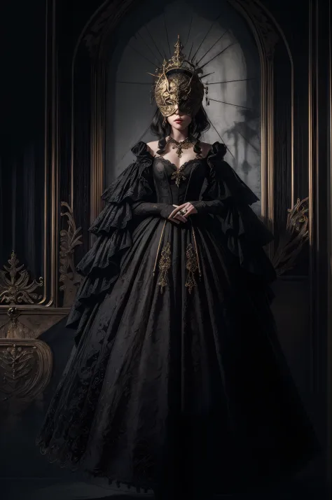 A woman wearing a gold blind mask, Gothic dress, Adornos de encaje, Tono mapeado, Detallado, Altamente detallado,1mujer , V0id3n...