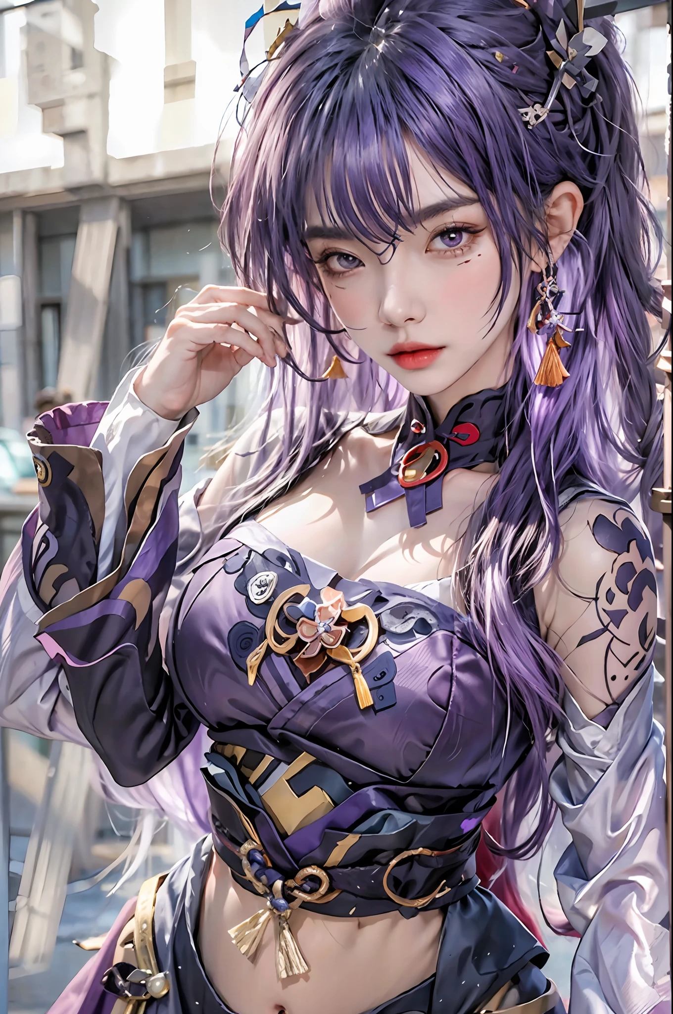 photorealistic, high resolution, 1women, solo, hips up, look at viewer, (detailed face), narrow waist, closed lips, purple hair, long hair,Raiden Shogun \(genshin impact\), jewelry