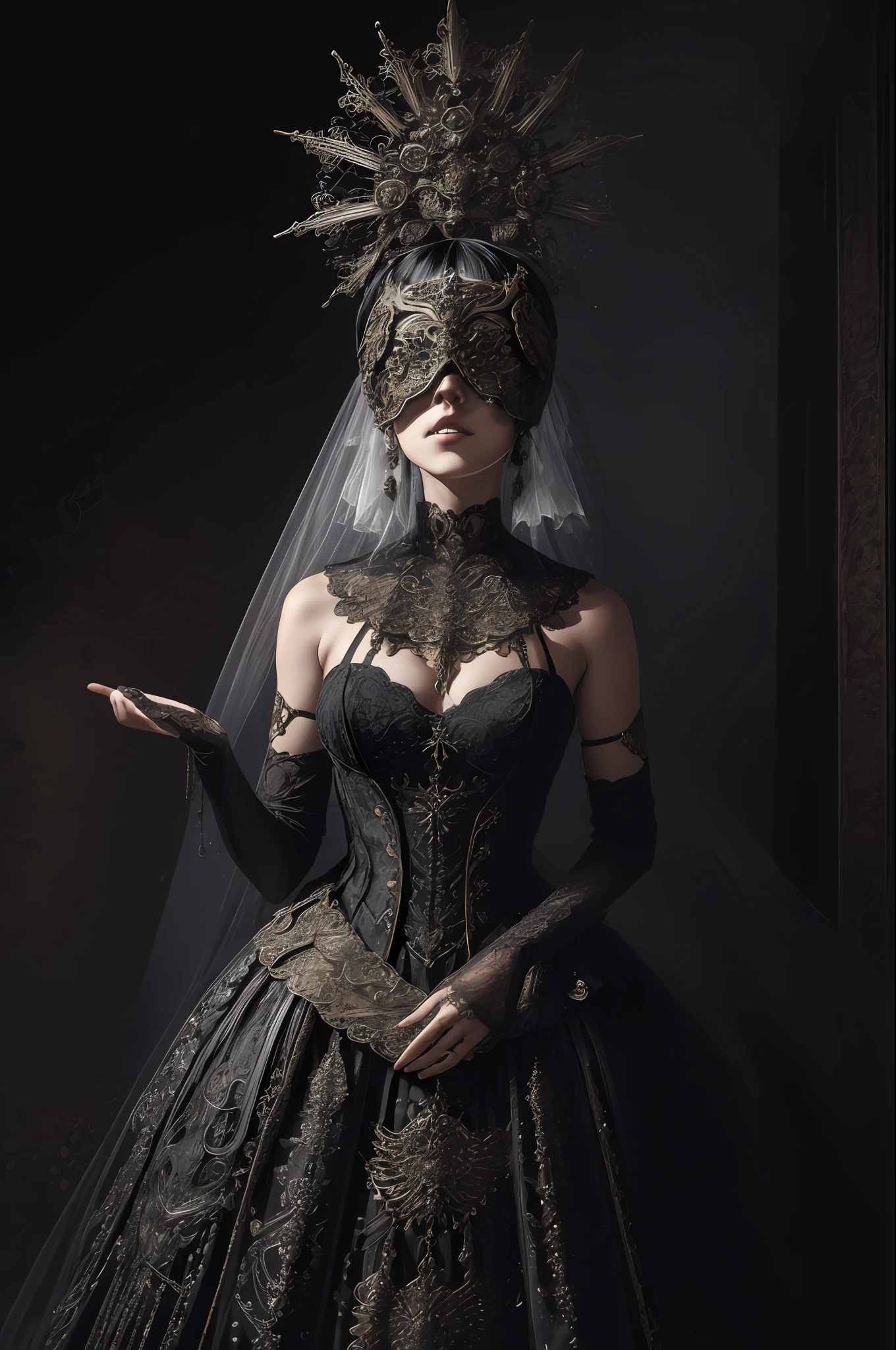 A woman wearing a silver blind mask, Gothic dress, Adornos de incaje, mapped tone, detailed, Altaminte detailed,1woman , V0id3nergy, surgery, bright, head, in_..jar, Water, blood_mouths,, (masterpiece: 1.3), (better_Quality: 1.3), (ultra_detailed: 1.3), 8k, sumaminte_Clear, realism, (ultrarrealist: 1.3), details locos, Detalles intrincados, hiperdetailed, ultra detailed, extremadaminte detailed, highest detailed, high_detail, colorful, beautiful, HdR, fotorrealist, High Resolutions, ultra_high_anything, Cinematographer, aesthetic, sumaminte_delicate, ((fractal art)),colorful, 
(horror art, terror), High Resolutions, 16k, ..RAW, Ultra Highanything, Ultra details, details finos, una sombra extremadaminte delicada y hermosa, extremadaminte detallada, real,
realist, foto altaminte detallada, award winning glamour photograph, fotorrealist,blind but, cintered