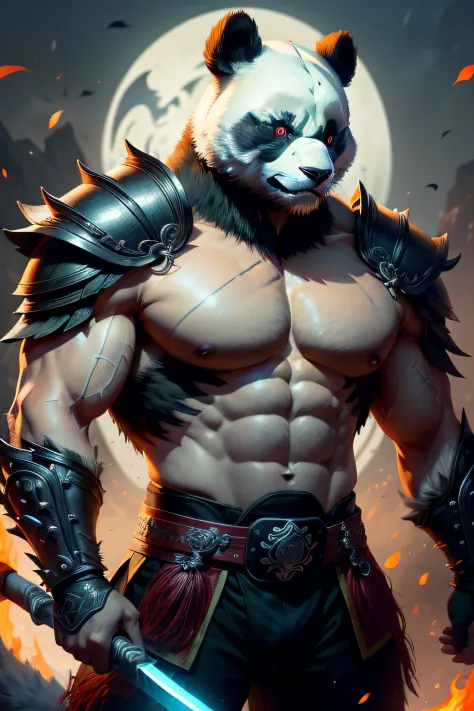 Digital Art of a Fierce Panda Warrior, a formidable and noble creature with a strong presence. The panda warrior stands tall, their black and white fur shimmering under the moonlight. Their muscular physique is accentuated by intricately designed armor, ad...