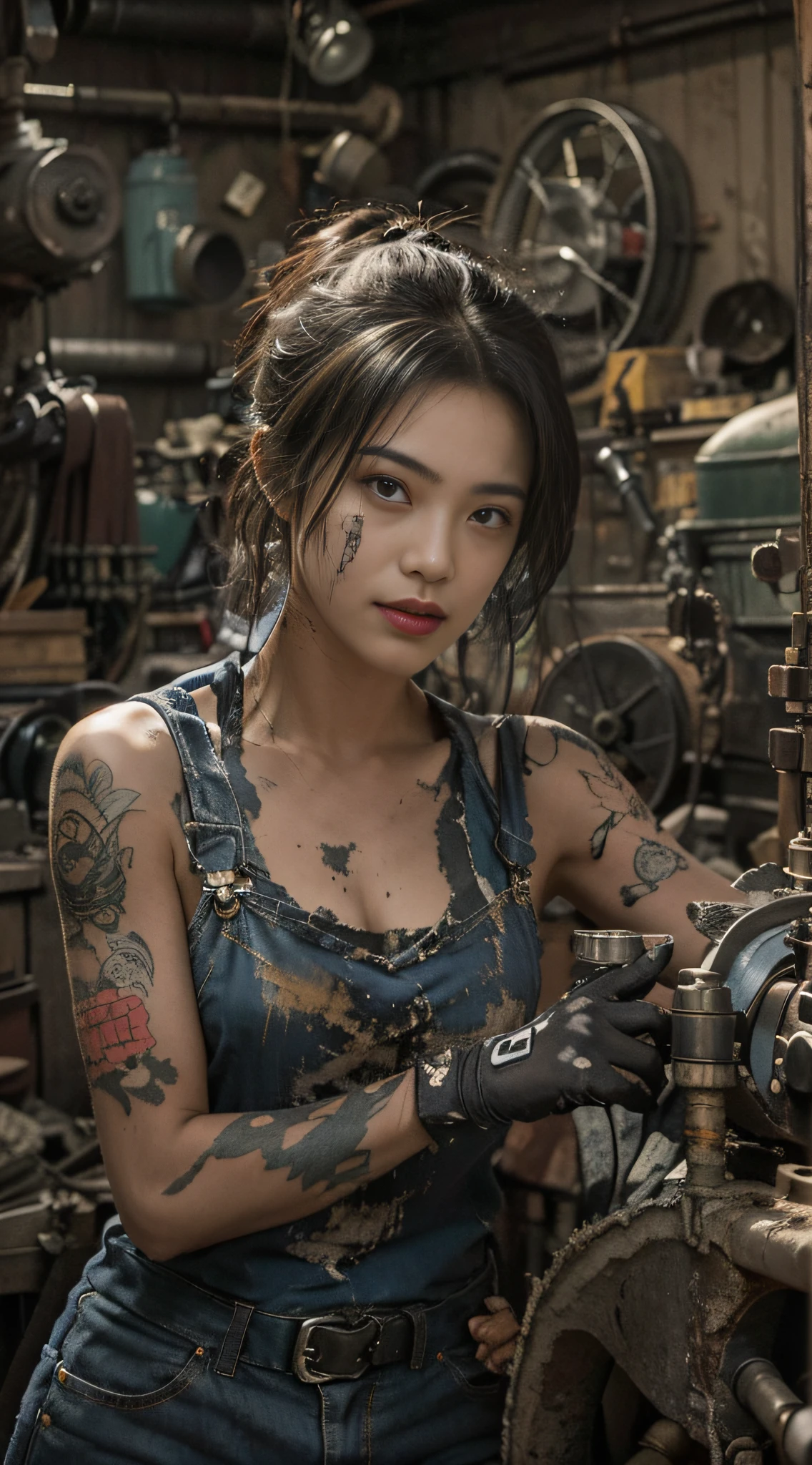 ((best quality)), ((masterpiece)), (detailed), mesmerizing and alluring female mechanic covered in grease,Confident smile，Look into the camera，(Dirty and rugged charm:1.2), (tough and confident demeanor:1.1), (mechanical expertise:1.3), disheveled hair, smudged face with a playful smirk, stained overalls clinging to her curves, (gritty tools of the trade:1.2), cluttered repair shop, scattered car parts, (authentic automotive ambiance:1.2), (intense gaze:1.1), gripping a wrench in her dirty hands, 8k resolution,looking at another, looking away,( tattoo:1.2), masterpiece, best quality,Photorealistic, ultra-high resolution, photographic light