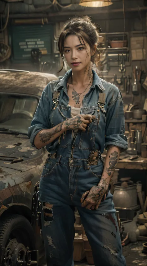 ((best quality)), ((masterpiece)), (detailed), mesmerizing and alluring female mechanic covered in grease,Confident smile，Look i...