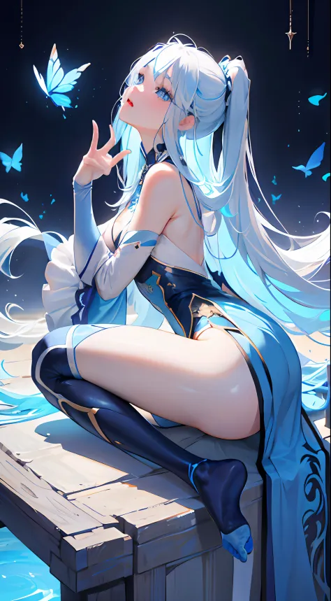 8K分辨率，Refined features，s the perfect face，Glowing skin，high detal，blue skirts，long  white hair，blue color eyes，Flying blue butterflies，Raised sexy，plumw，Upright_straddle，sunraise，Eau，the sideview