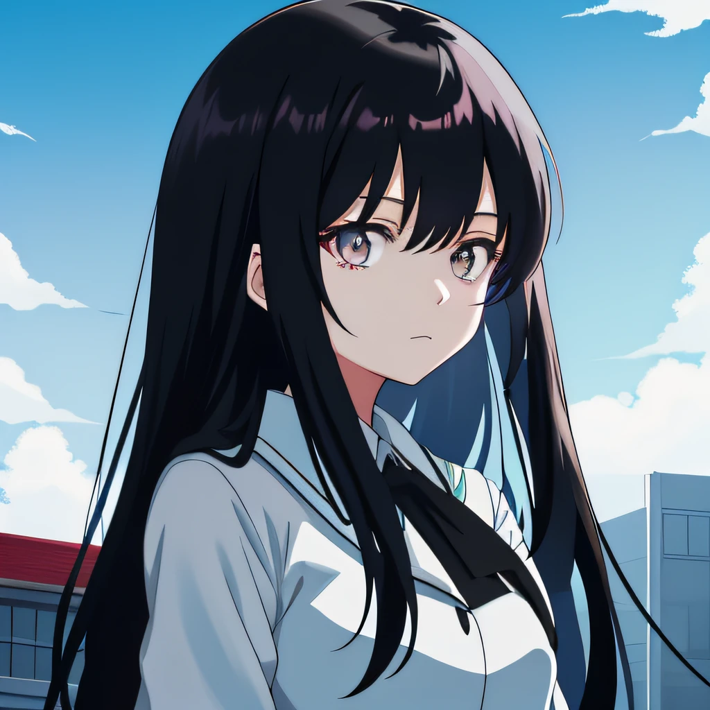 Anime girl with long black hair and white shirt standing in front of a ...