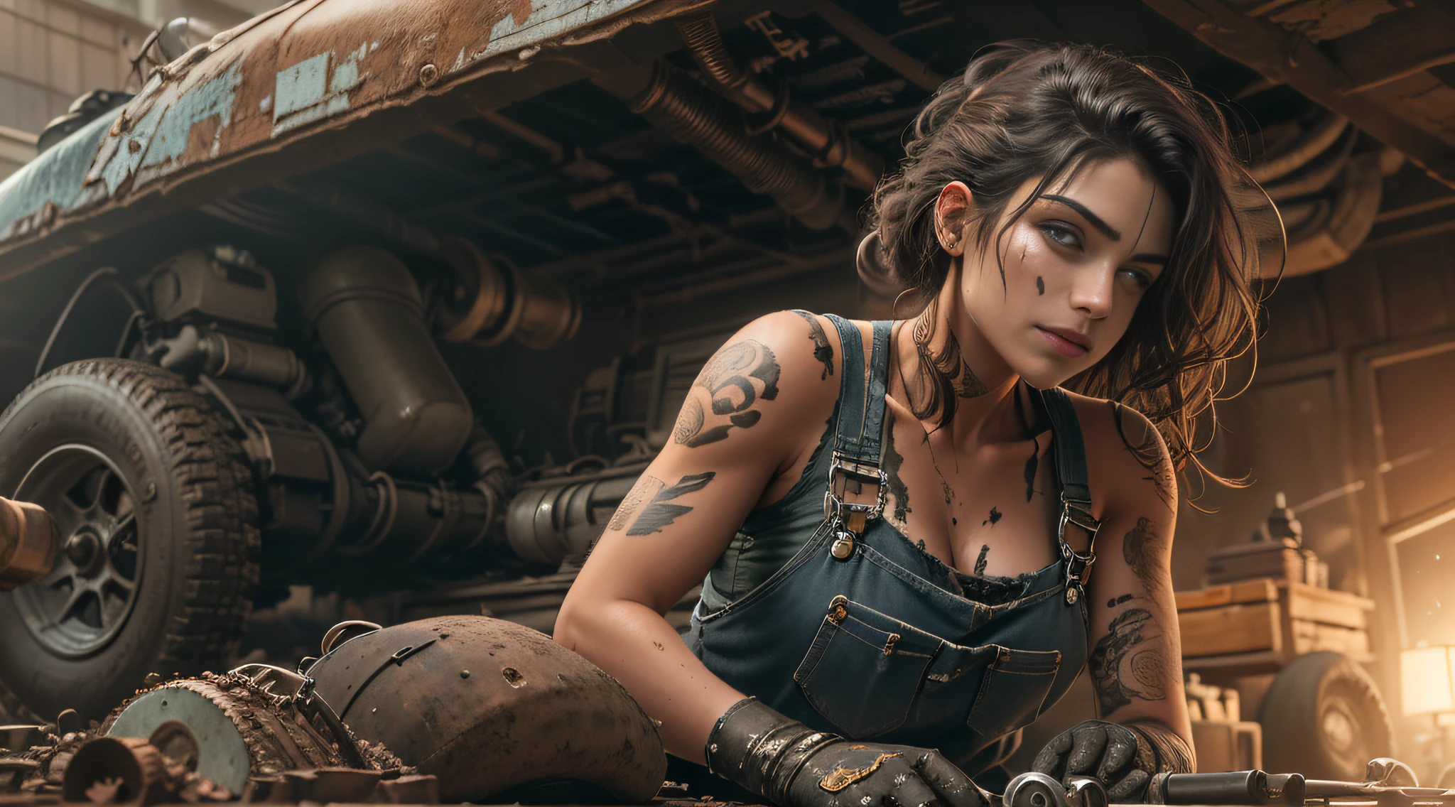 ((best quality)), ((masterpiece)), (detailed), mesmerizing and alluring female mechanic covered in grease,Confident smile，Look into the camera，(Dirty and rugged charm:1.2), (tough and confident demeanor:1.1), (mechanical expertise:1.3), disheveled hair, smudged face with a playful smirk, stained overalls clinging to her curves, (gritty tools of the trade:1.2), cluttered repair shop, scattered car parts, (authentic automotive ambiance:1.2), (intense gaze:1.1), gripping a wrench in her dirty hands, 8k resolution,looking at another, looking away,( tattoo:1.2), masterpiece, best quality,Photorealistic, ultra-high resolution, photographic light