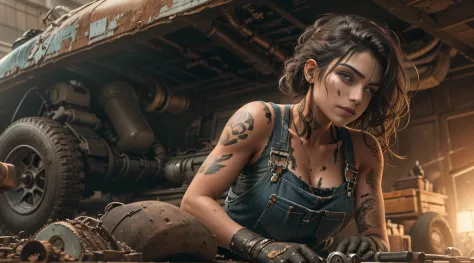 ((best quality)), ((masterpiece)), (detailed), mesmerizing and alluring female mechanic covered in grease,Confident smile，Look i...