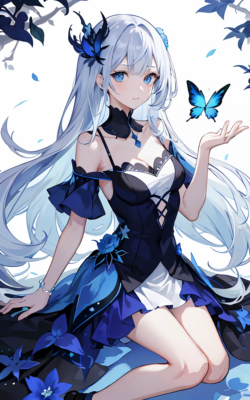 （（tmasterpiece：1.4，best qualtiy））+，（hyper-detailing）+，（Ultra-detailed eyes）+，
（Elegant 1 girl），blue color eyes：1.15），white color hair，Very long hair，（wariza：1.2），paleskin，Keep your mouth shut，grieves，
（She wears a dress made of entangled blue vines：1.5），（flatchest：1.2），（vine dress：1.4），（Dress made of vine：1.2），（Surrounded by vines：1.4），
（be desperate：1.3），gotik，
（Blue vines：1.3），leafs，（Vine tree：1.1），Flying blue butterflies
（Dawn light：1.2），
（Heavy black and white：1.16），（depth of fields：1.4），