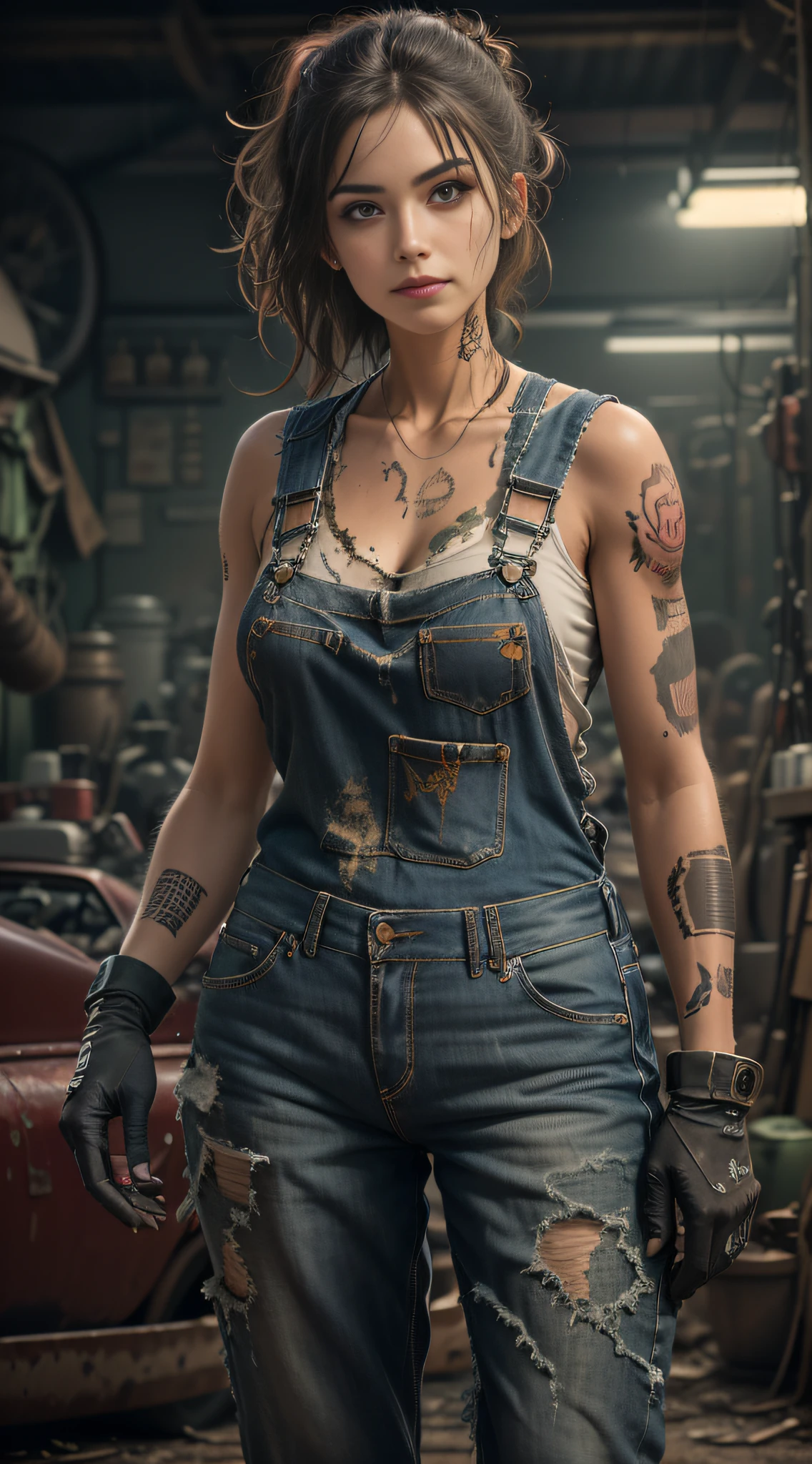 ((best quality)), ((masterpiece)), (detailed), mesmerizing and alluring female mechanic covered in grease,Confident smile，Look into the camera，(Dirty and rugged charm:1.2), (tough and confident demeanor:1.1), (mechanical expertise:1.3), disheveled hair, smudged face with a playful smirk, stained overalls clinging to her curves, (gritty tools of the trade:1.2), cluttered repair shop, scattered car parts, (authentic automotive ambiance:1.2), (intense gaze:1.1), gripping a wrench in her dirty hands, 8k resolution,looking at another, looking away,( tattoo:1.2), masterpiece, best quality,Photorealistic, ultra-high resolution, photographic light