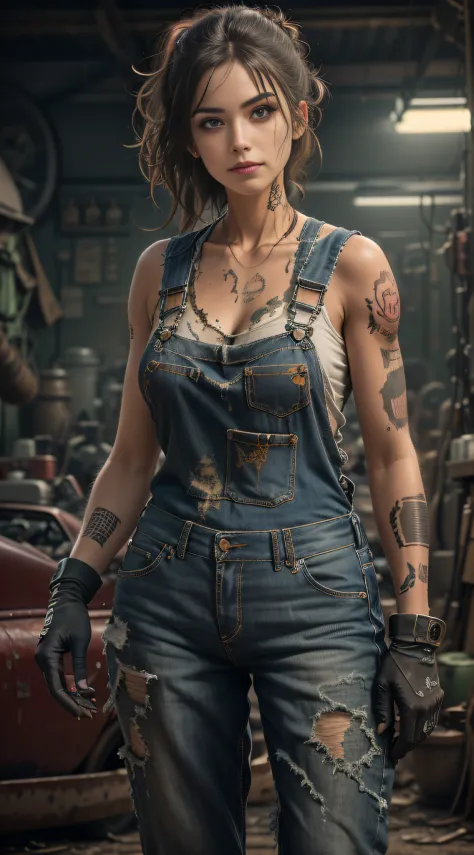 ((best quality)), ((masterpiece)), (detailed), mesmerizing and alluring female mechanic covered in grease,confident smile，look i...