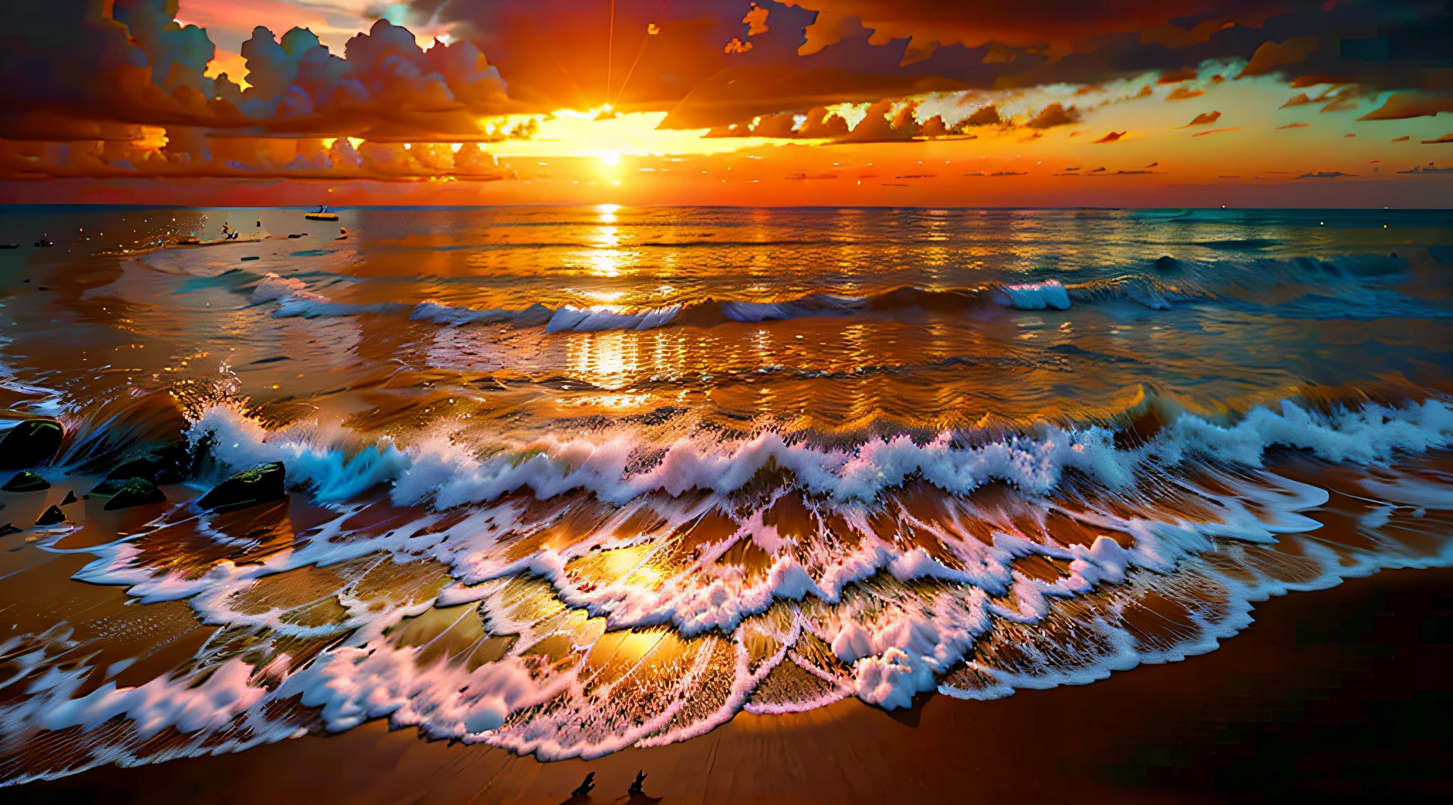 An absolutely mesmerizing sunset over the beach with a mixture of orange, pink and yellow tones filling the sky. The crystal clear waters of the sea gently kiss the shore, and the white sandy beach stretches far and wide. The scene is dynamic and exciting, with seagulls soaring high in the sky and palm trees gently swaying. Soak up the soothing atmosphere and let peace envelop you.