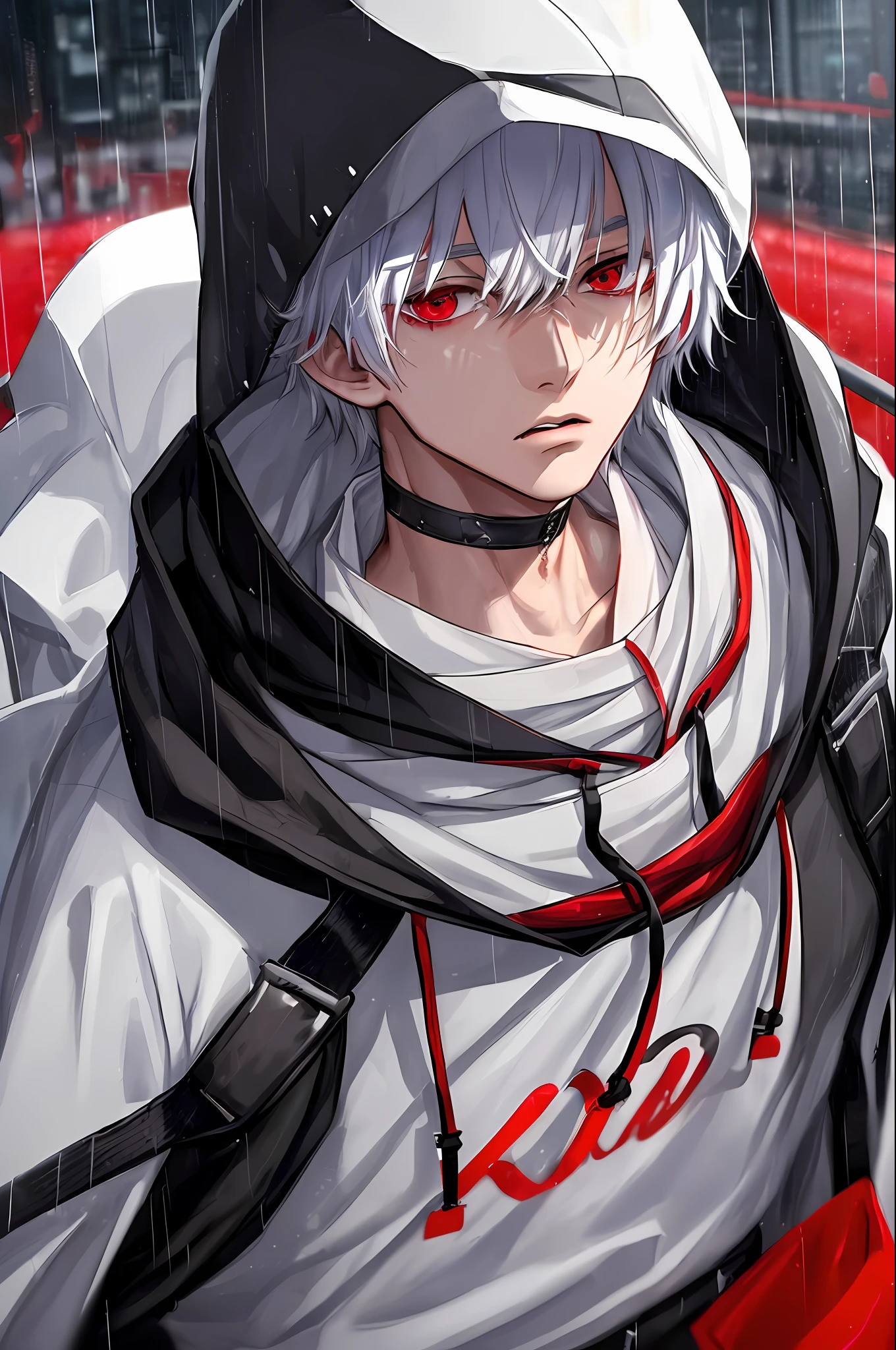 kk, best quality, more details, masterpiece, 1boy, kaneki ken, portrait, male focus, red eyes, solo, bangs, looking at viewer, hood, short hair, rain, tokyo tokyo \(city\),  hood up, nail polish, white hair, luxurious, 8k, detailed, ray tracing, depth of field, cinematic lighting,