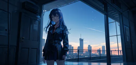 there is a woman standing in a room overlooking a city, estilo anime 4k, papel de parede anime 4k, badass anime 8 k, estilo anim...