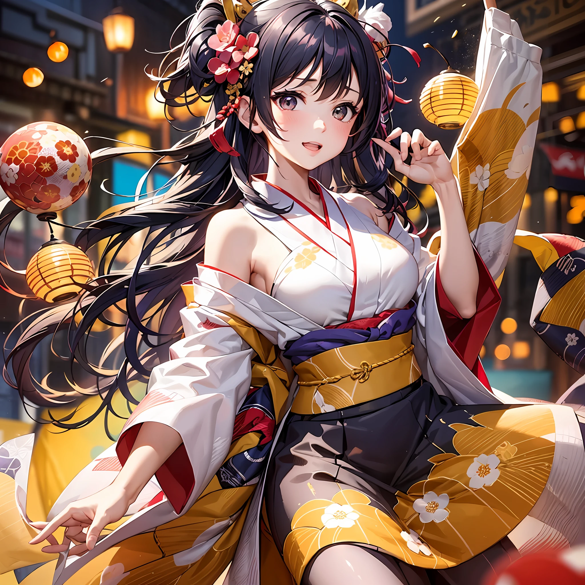 In a quaint town in Japan, the summer sun painted the skies with hues of gold, and an 18-year-old beautiful girl named Hana was filled with excitement as she prepared for the local summer festival. With her sparkling eyes reflecting the joy of the season and her hair adorned with delicate floral pins, Hana's allure mirrored the timeless beauty of the traditional Yukata she had carefully chosen to wear.

As the day of the festival arrived, the air buzzed with anticipation. The streets were lined with colorful stalls, each adorned with paper lanterns that swayed gently in the breeze. The aroma of sizzling takoyaki and cotton candy filled the air, creating an enticing symphony of scents.

Hana donned her Yukata with grace, the vibrant patterns reflecting the liveliness of summer. The fabric draped elegantly around her, and she tied the obi with practiced precision, a symbol of her readiness to embrace the festivities.

In the heart of the festival, Hana found herself amidst a sea of people, their laughter and chatter mingling with the sounds of traditional taiko drums and shamisen music. Her heart fluttered with excitement as she joined the merry throng, eager to partake in the cultural treasures the festival had to offer.

At the traditional games corner, Hana tried her hand at Yo-yo Tsuri, skillfully scooping goldfish with a paper net. Her delight knew no bounds as she won a small prize, cherishing it as a memento of the special day.

With each step, Hana was captivated by the beauty of the festival's decorations. Multicolored streamers adorned the stalls, swaying in the summer breeze like whimsical ribbons. The paper lanterns illuminated the evening sky, casting a warm glow that enveloped the festival grounds in a magical aura.

As the sun began to set, Hana joined the crowd gathering around the main stage. Dancers in traditional attire performed graceful movements, their fans painted the air with a ballet of colors.