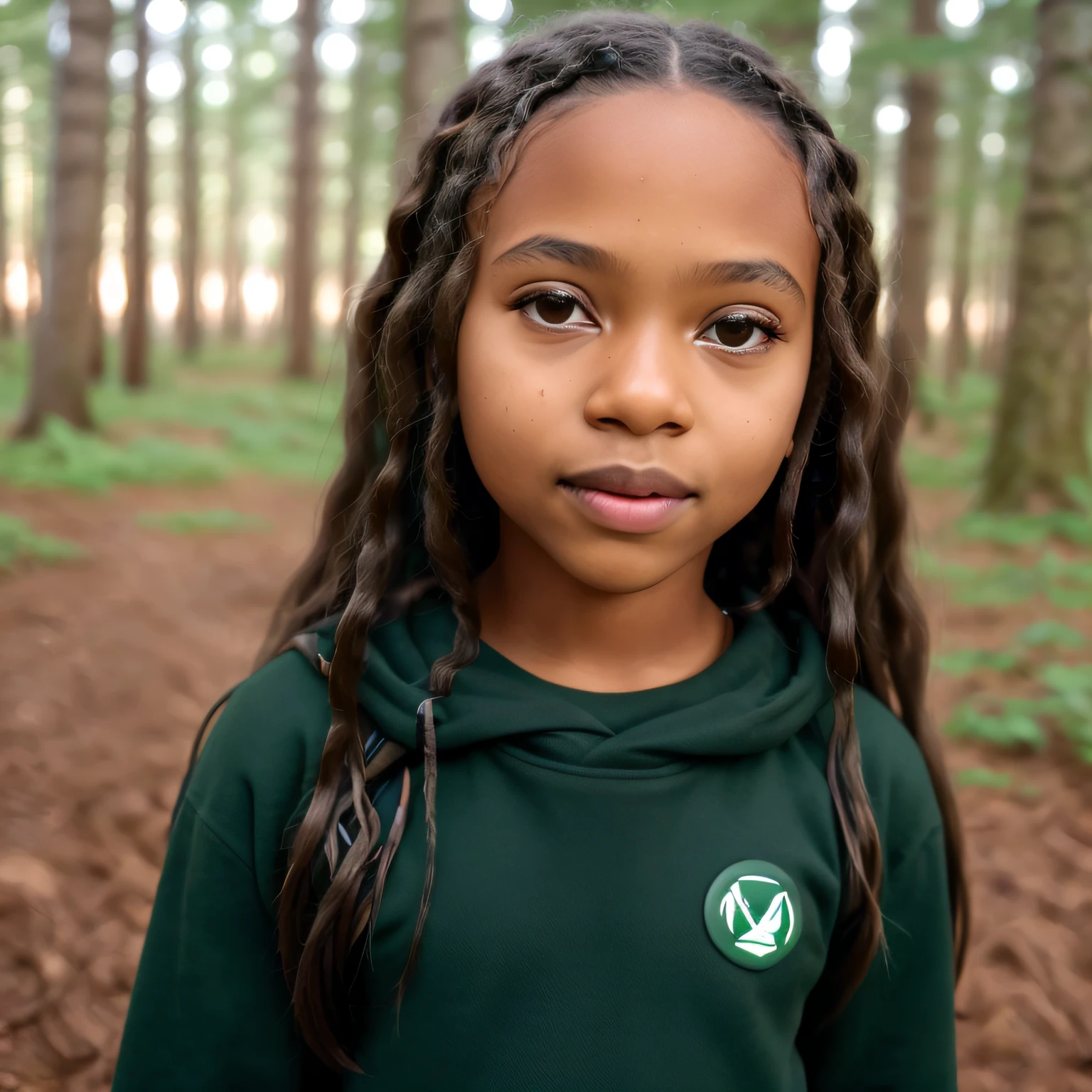 a 12-year-old black girl with long hair, ((green eyes)), clothes of cold brown, deep look, forest around, Sony FE, f/1.8, Eye-Level Shot, high details, highres, super detail, ccurate, masterpiece, 8k, 16k, UHD, anatomically correct, retina, high quality, best quality