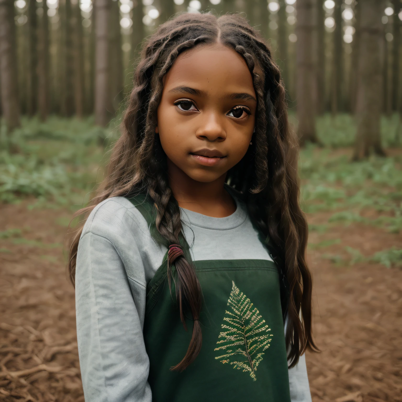 a 12-year-old black girl with long hair, ((green eyes)), clothes of cold brown, deep look, forest around, Sony FE, f/1.8, Eye-Level Shot, high details, highres, super detail, ccurate, masterpiece, 8k, 16k, UHD, anatomically correct, retina, high quality, best quality