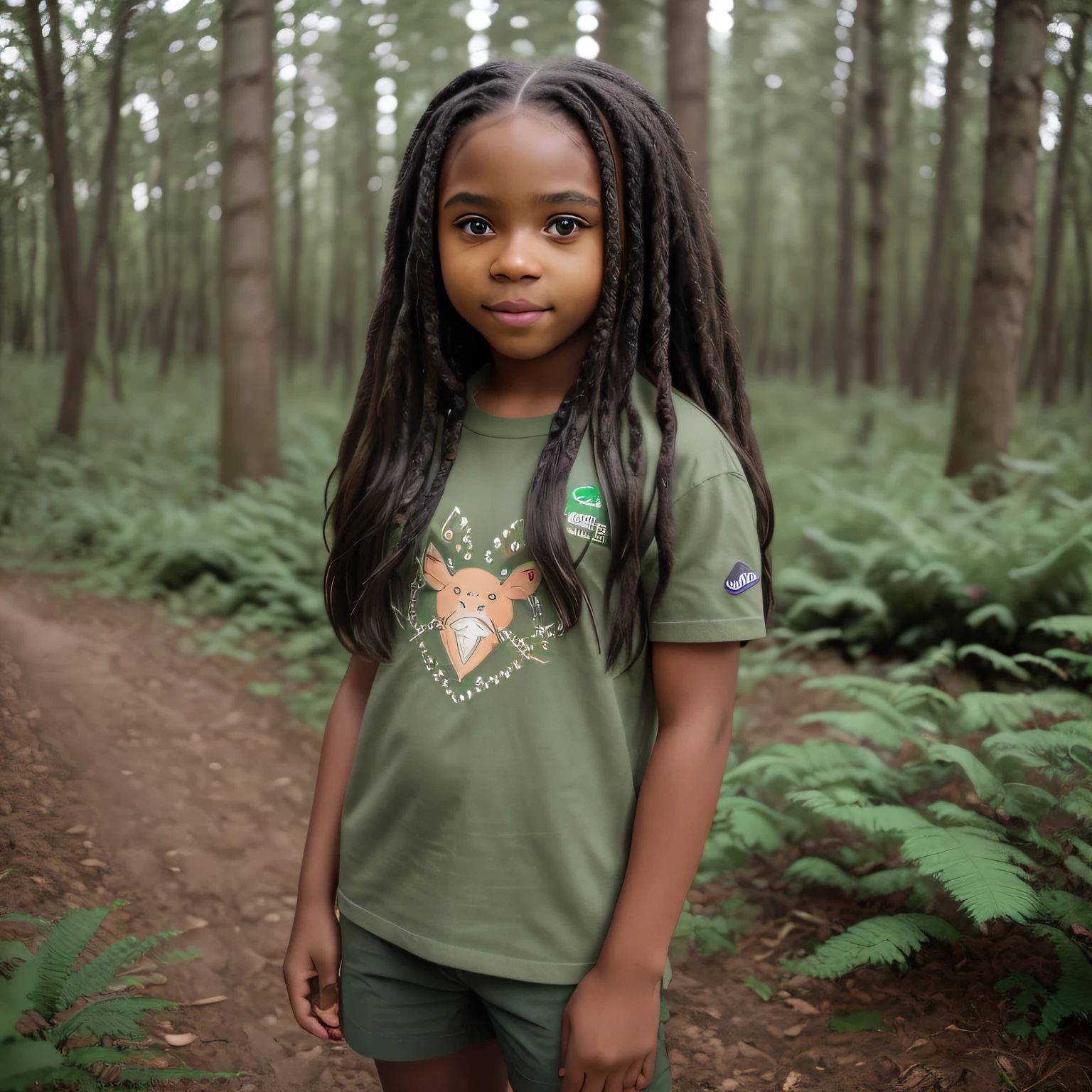 a 12-year-old black girl with long hair, ((green eyes)), clothes of cold brown, deep look, forest around, Sony FE, f/1.8, Eye-Level Shot, high details, highres, super detail, ccurate, masterpiece, 8k, 16k, UHD, anatomically correct, retina, high quality, best quality
