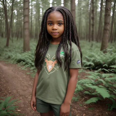 a 12-year-old black girl with long hair, ((green eyes)), clothes of cold brown, deep look, forest around, Sony FE, f/1.8, Eye-Level Shot, high details, highres, super detail, ccurate, masterpiece, 8k, 16k, UHD, anatomically correct, retina, high quality, b...