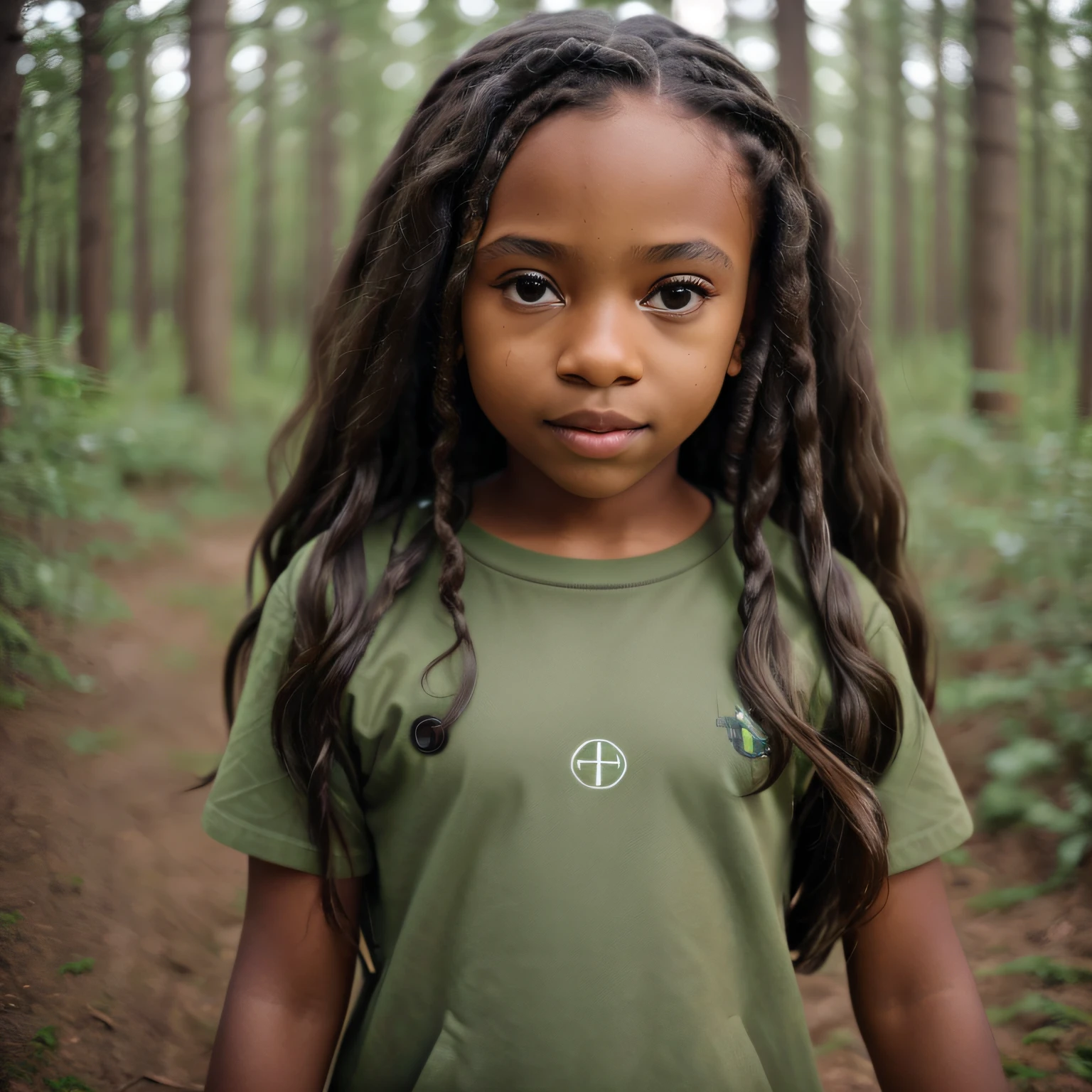 a 12-year-old black girl with long hair, ((green eyes)), clothes of cold brown, deep look, forest around, Sony FE, f/1.8, Eye-Level Shot, high details, highres, super detail, ccurate, masterpiece, 8k, 16k, UHD, anatomically correct, retina, high quality, best quality