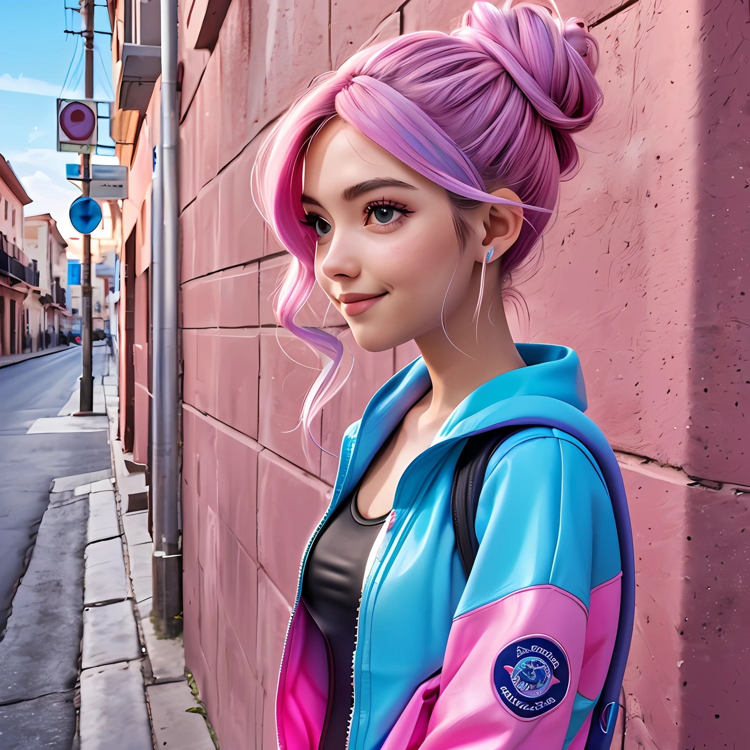 uma , Your hair is stuck in a messy bun, rosa mesclado, catsuit, mochila, sneaker, corpo inteiro, The background is filled with a pastel shade of light blue, evoking a sense of lightness and happiness.