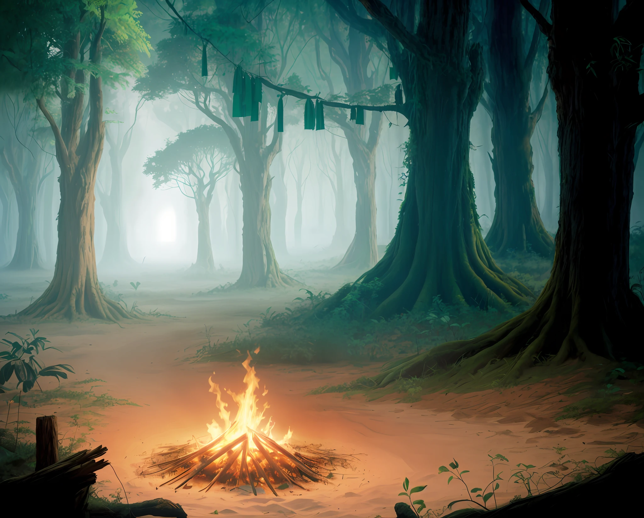 Il y a un feu de joie au milieu d&#39;une forêt avec de nombreux arbres, art de fond, peint comme un concept art de jeu, Fond de feu de joie, peinture de la chambre, dota! art conceptuel de peinture mate, forêt avec des arbres, superficie au milieu de la forêt, moteur Unreal de ray tracing, environnement forestier ultra détaillé, forêt mystérieuse, sol texturé, richesse de détails, Image 4K, méga résolution, paysage brumeux dense, déforestation, Filmer une forêt autour d&#39;une zone déboisée, plantes rampantes, végétation détaillée, des troncs d&#39;arbres, art de fond, peinture numérique fantastique, forêt effrayante, paysage de défrichement forestier, peinture numérique très détaillée